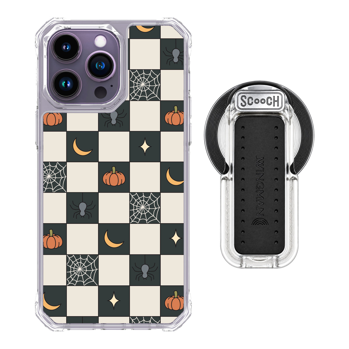 Scooch MagCase Spooky Squares magsafe wingback bundle - clear featuring the original Spooky Squares print
