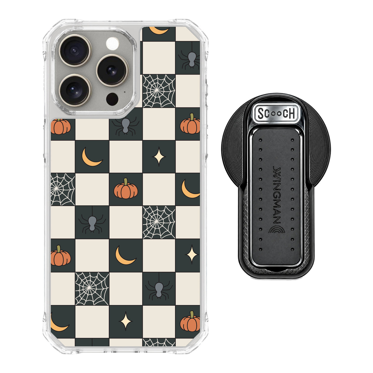Scooch MagCase Spooky Squares magsafe wingback bundle - black featuring the original Spooky Squares print