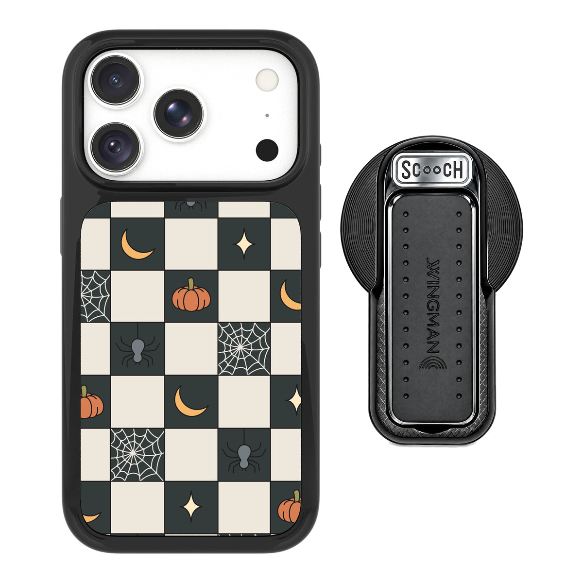 Scooch MagCase Spooky Squares magsafe wingback bundle - black featuring the original Spooky Squares print