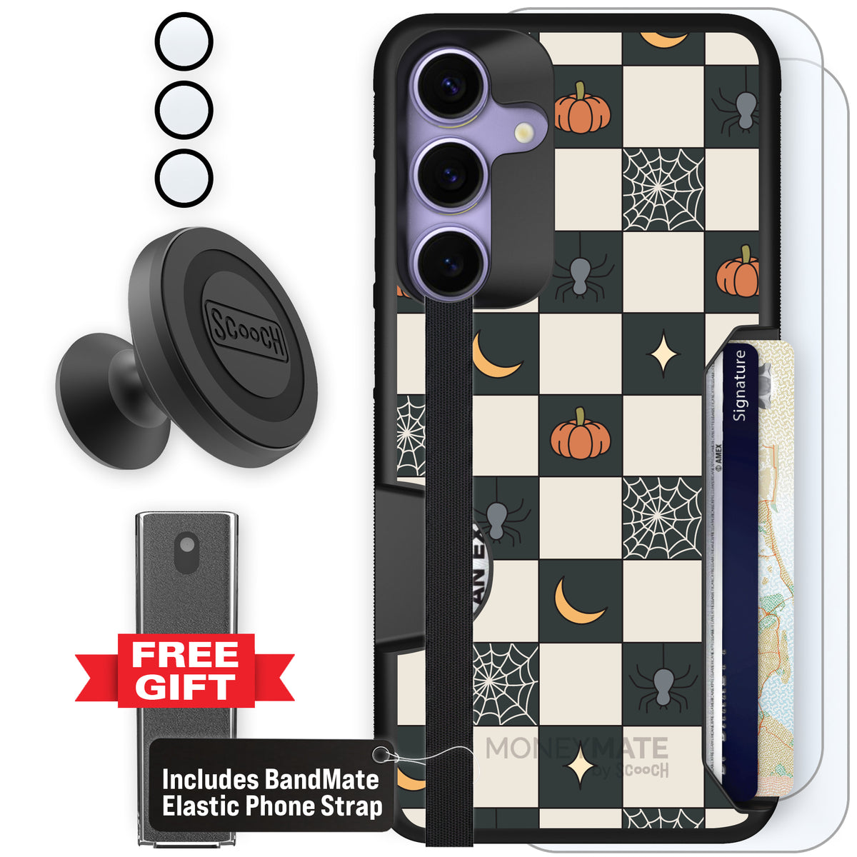 Scooch Moneymate Spooky Squares defender bundle featuring the original Spooky Squares print