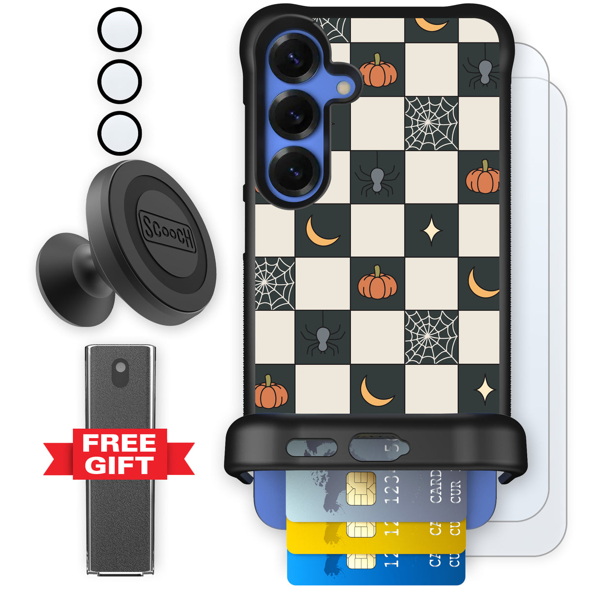 Scooch Wingmate Spooky Squares defender bundle featuring the original Spooky Squares print