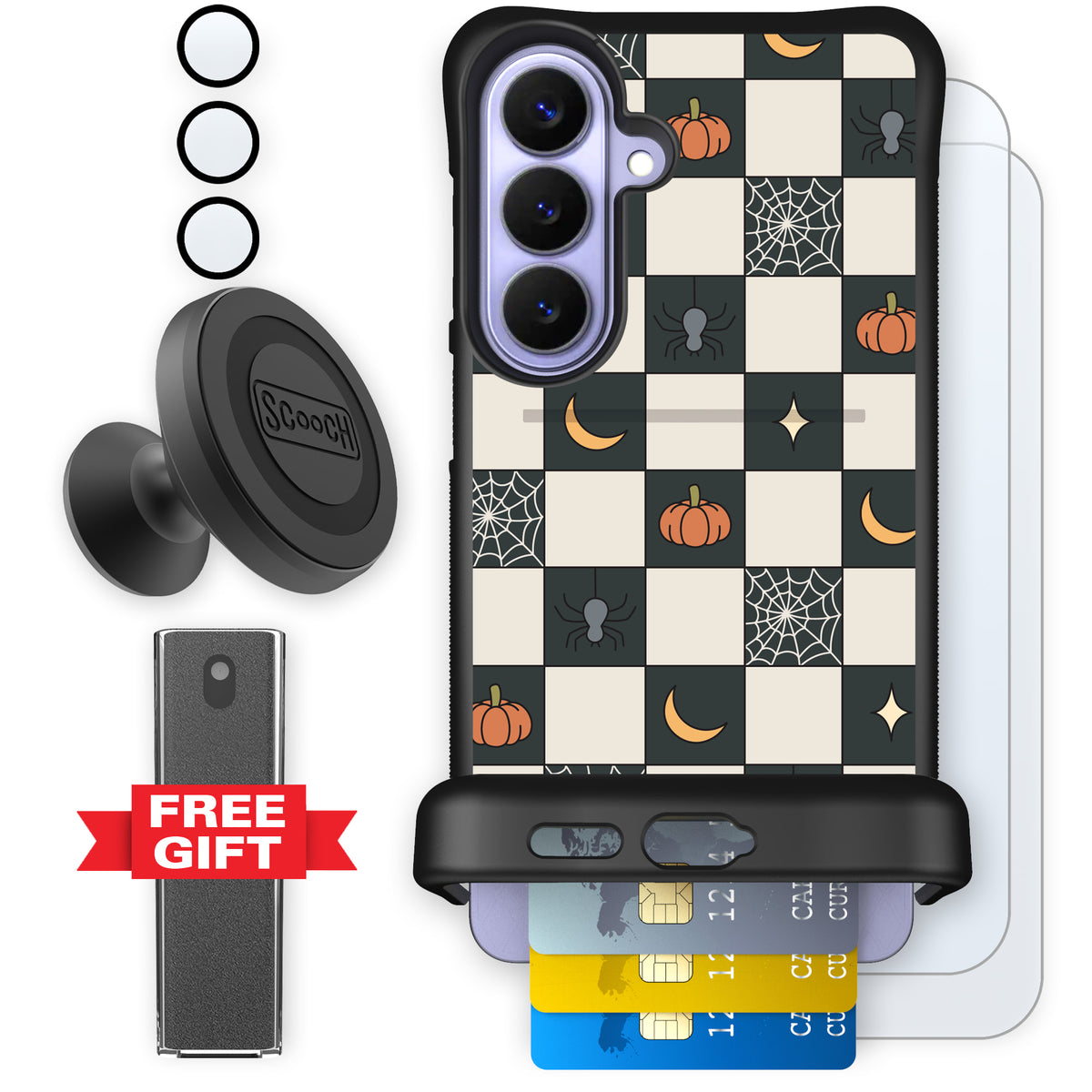 Scooch Wingmate Spooky Squares defender bundle featuring the original Spooky Squares print