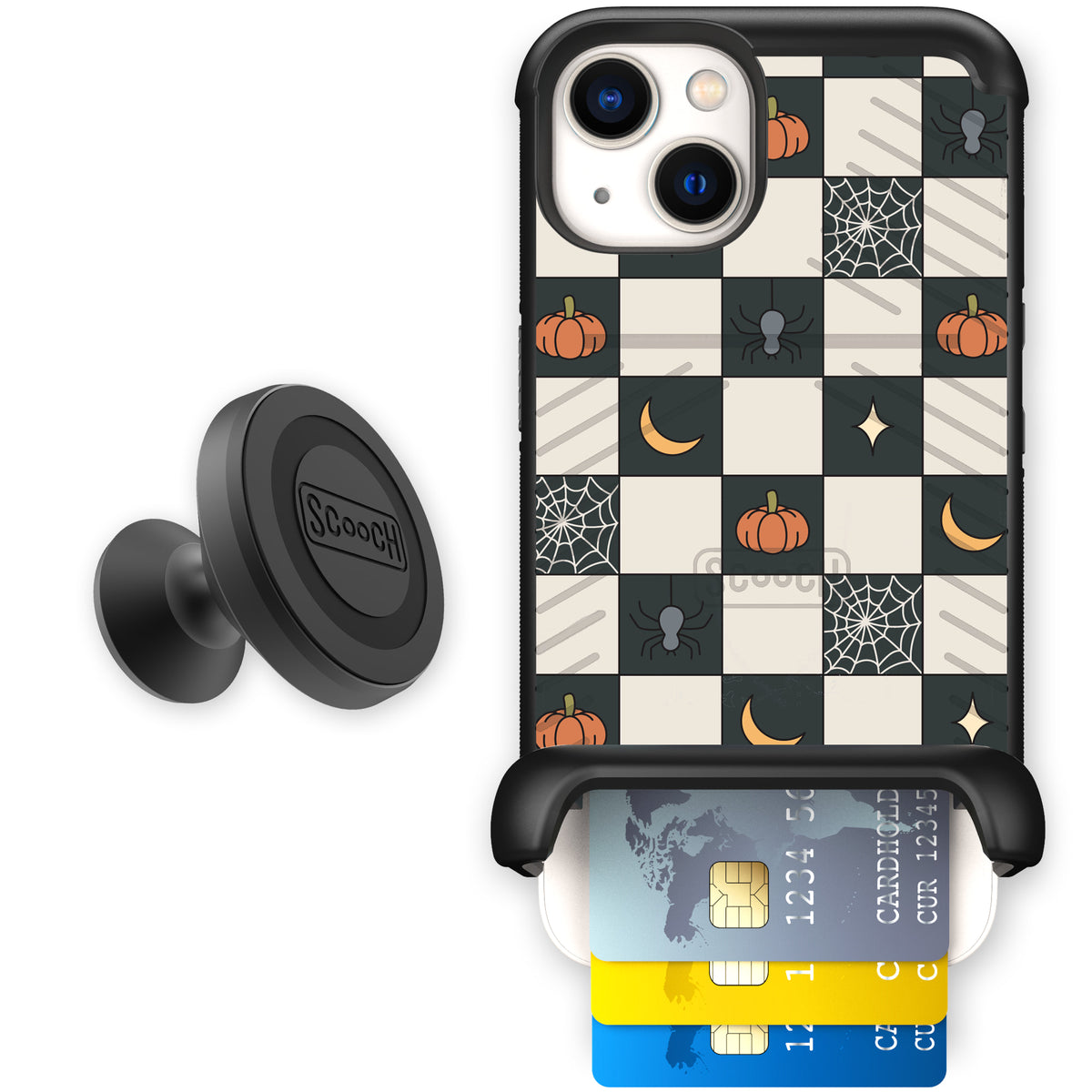 Scooch Wingmate Spooky Squares starter bundle featuring the original Spooky Squares print