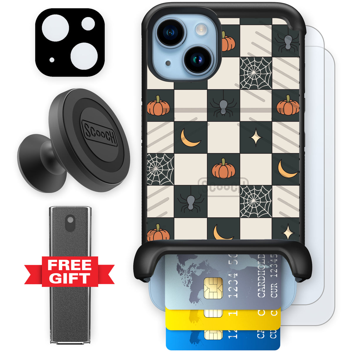 Scooch Wingmate Spooky Squares defender bundle featuring the original Spooky Squares print
