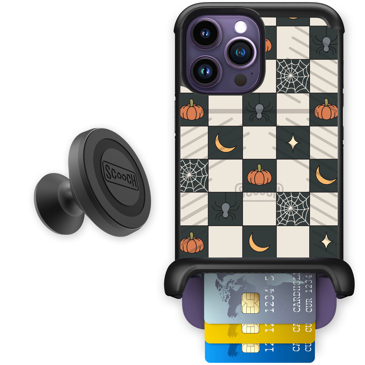 Scooch Wingmate Spooky Squares starter bundle featuring the original Spooky Squares print