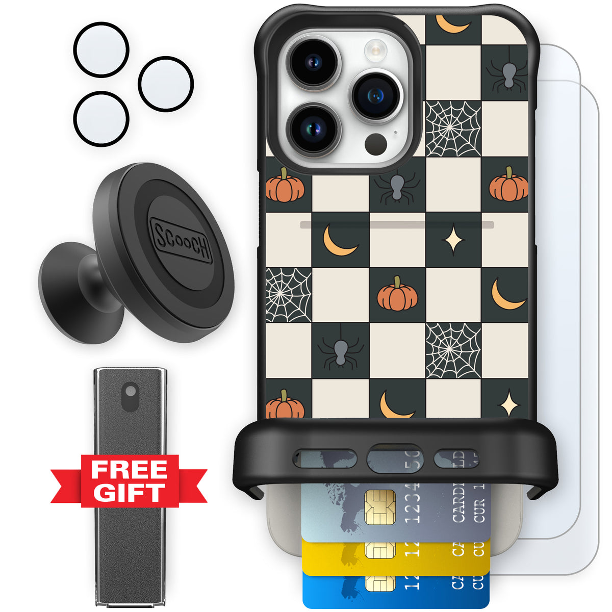 Scooch Wingmate Spooky Squares defender bundle featuring the original Spooky Squares print