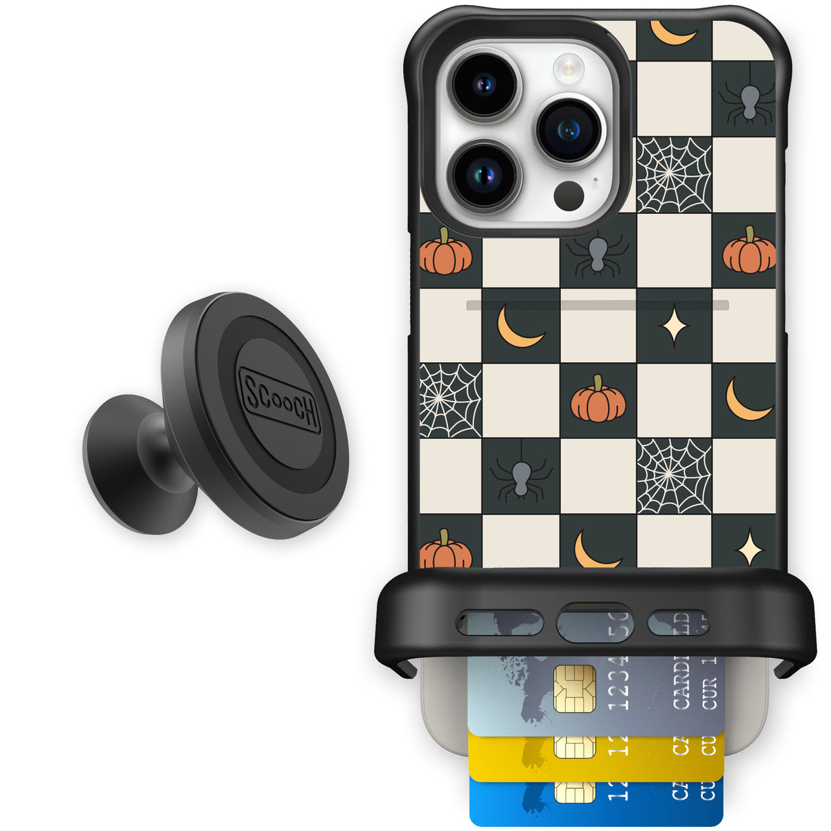 Scooch Wingmate Spooky Squares starter bundle featuring the original Spooky Squares print