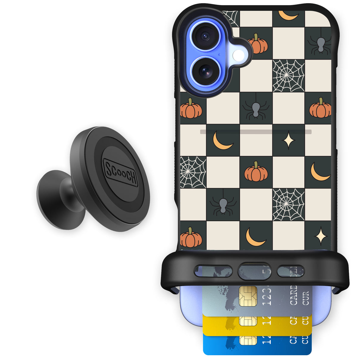 Scooch Wingmate Spooky Squares starter bundle featuring the original Spooky Squares print