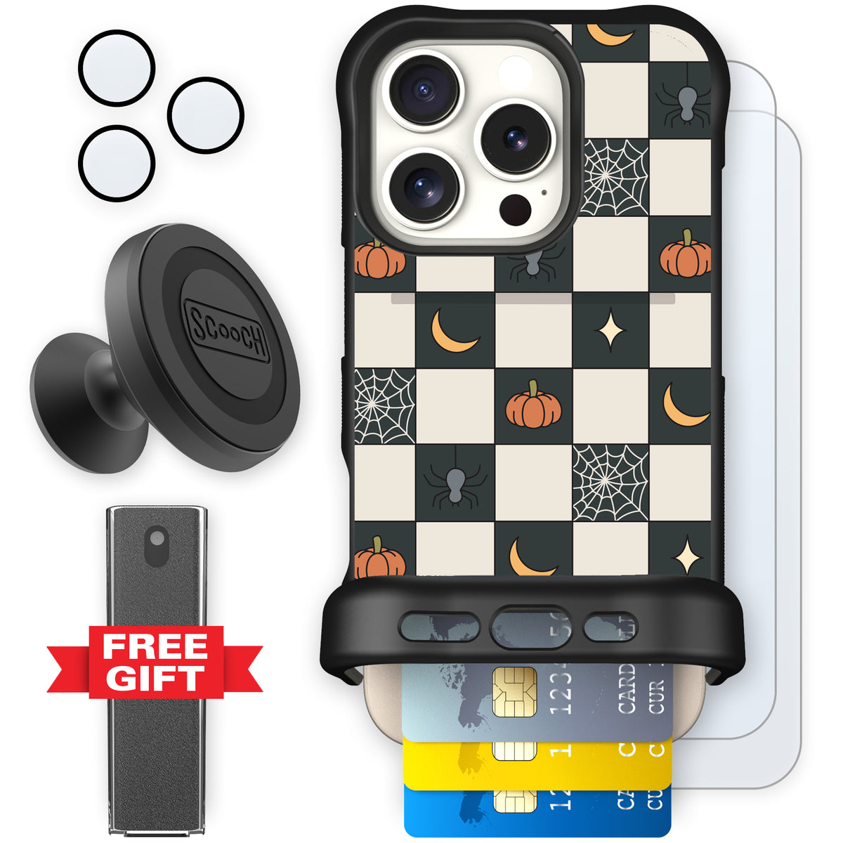 Scooch Wingmate Spooky Squares defender bundle featuring the original Spooky Squares print