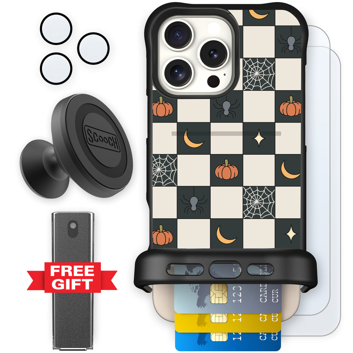 Scooch Wingmate Spooky Squares defender bundle featuring the original Spooky Squares print