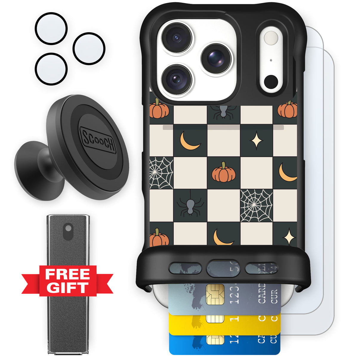 Scooch Wingmate Spooky Squares defender bundle featuring the original Spooky Squares print