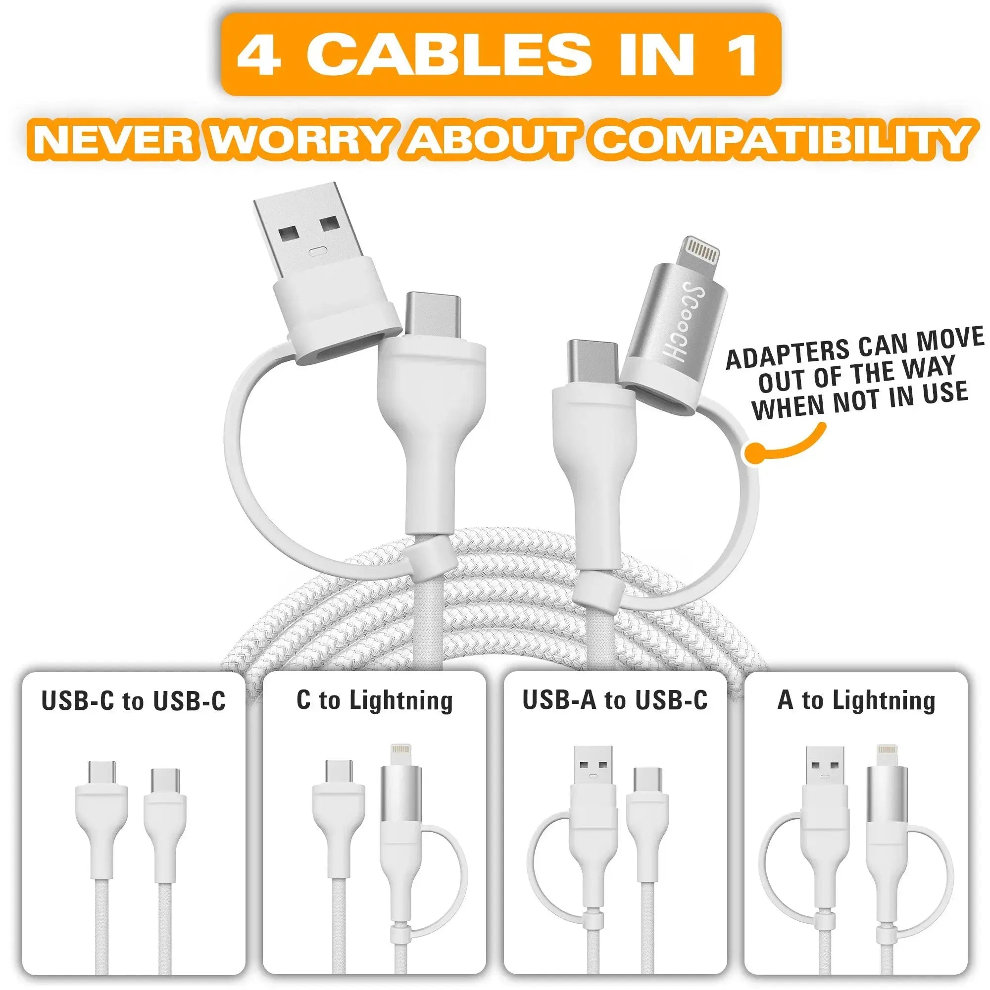 Scooch-JuiceCord 4-in-1 - 60W Charging Cable (4FT) with USB-A, USB-C, and Lightning-