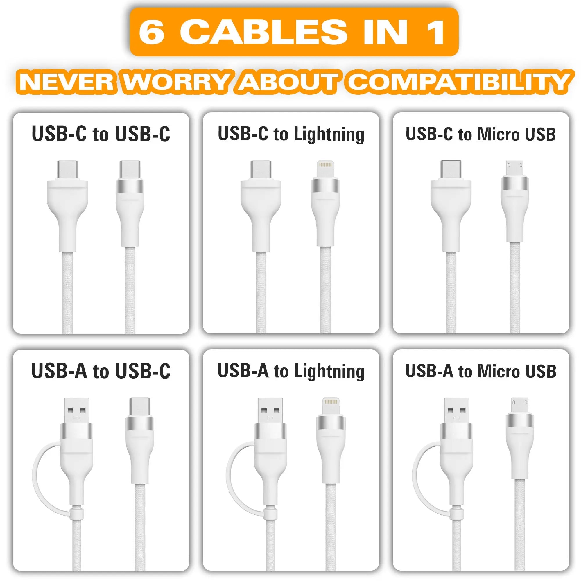 Scooch-JuiceCord 6-in-1 - 65W Charging Cable (4FT) with USB-A, USB-C, Micro USB, and Lightning-
