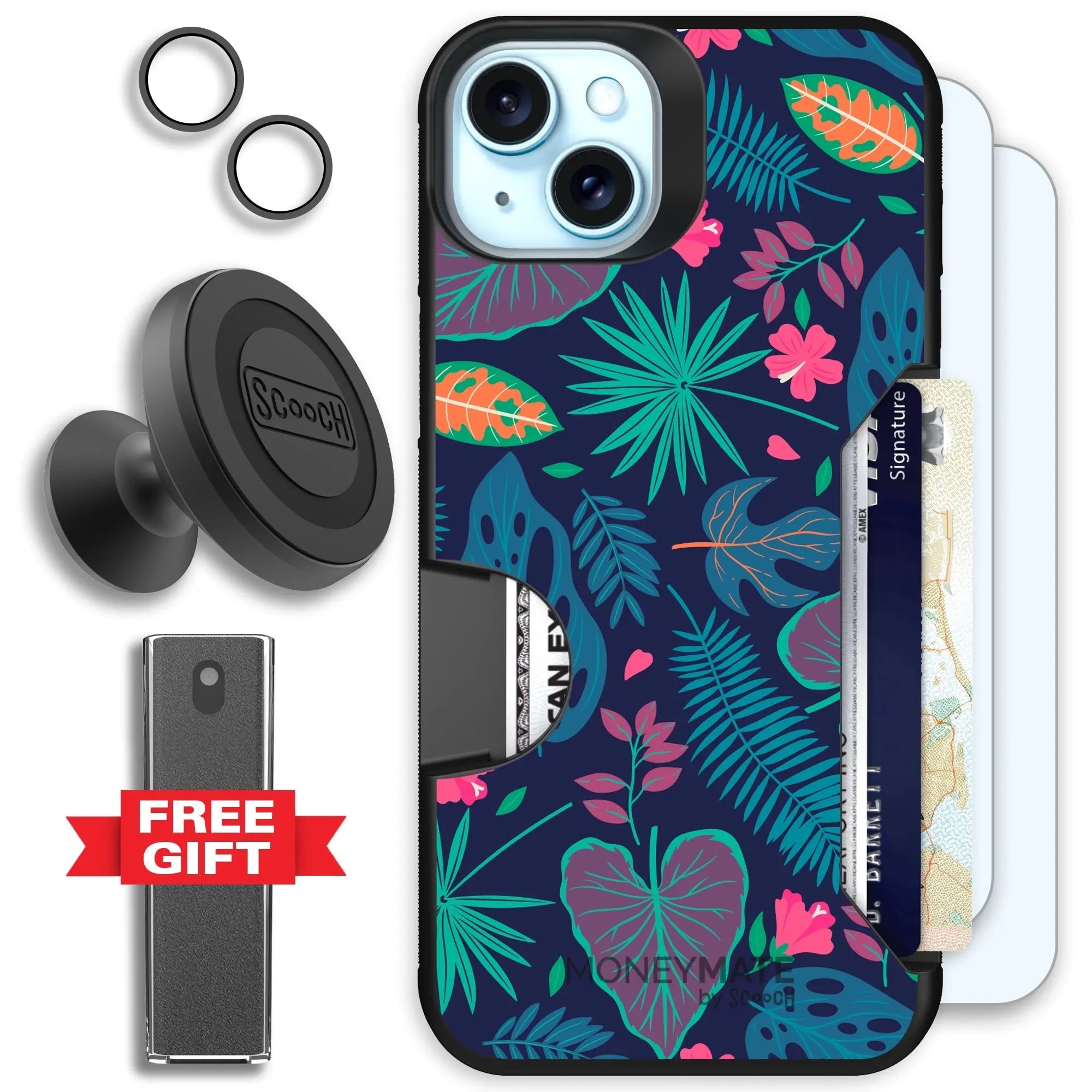 Scooch-Moneymate Defender Bundle for iPhone 15 Plus-Tropical-Leaves