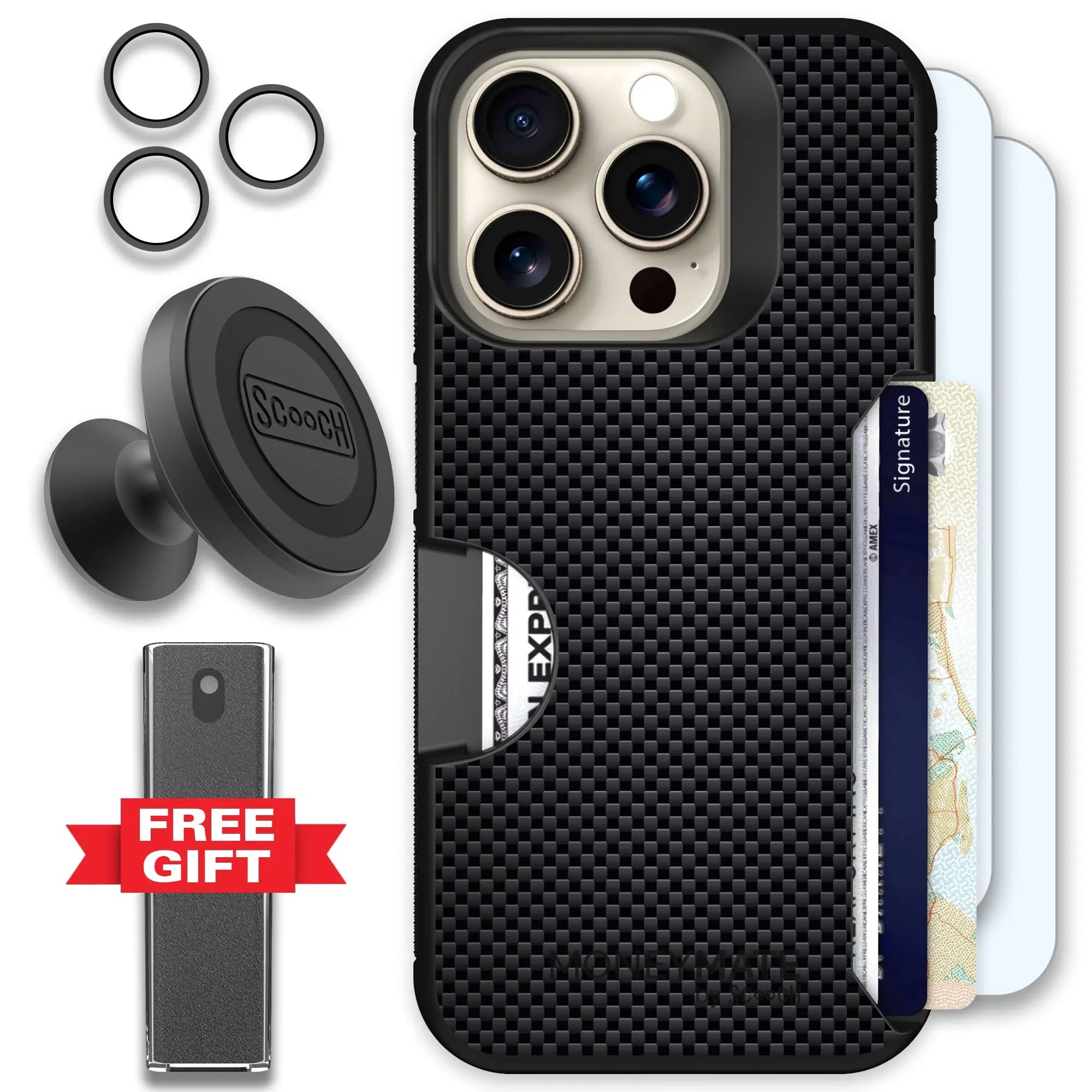 Scooch-Moneymate Defender Bundle for iPhone 15 Pro-Carbon-Fiber