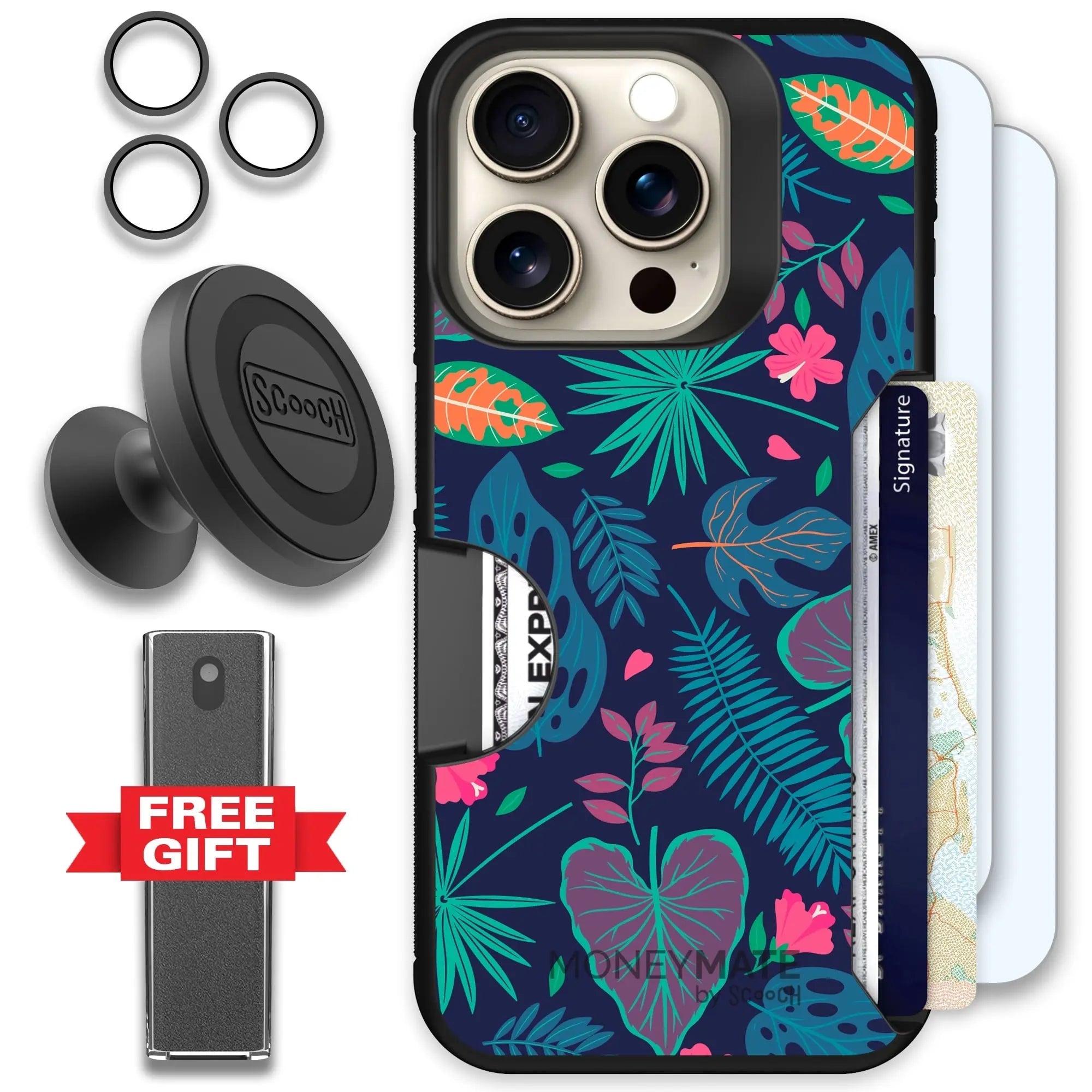 Scooch-Moneymate Defender Bundle for iPhone 15 Pro-Tropical-Leaves
