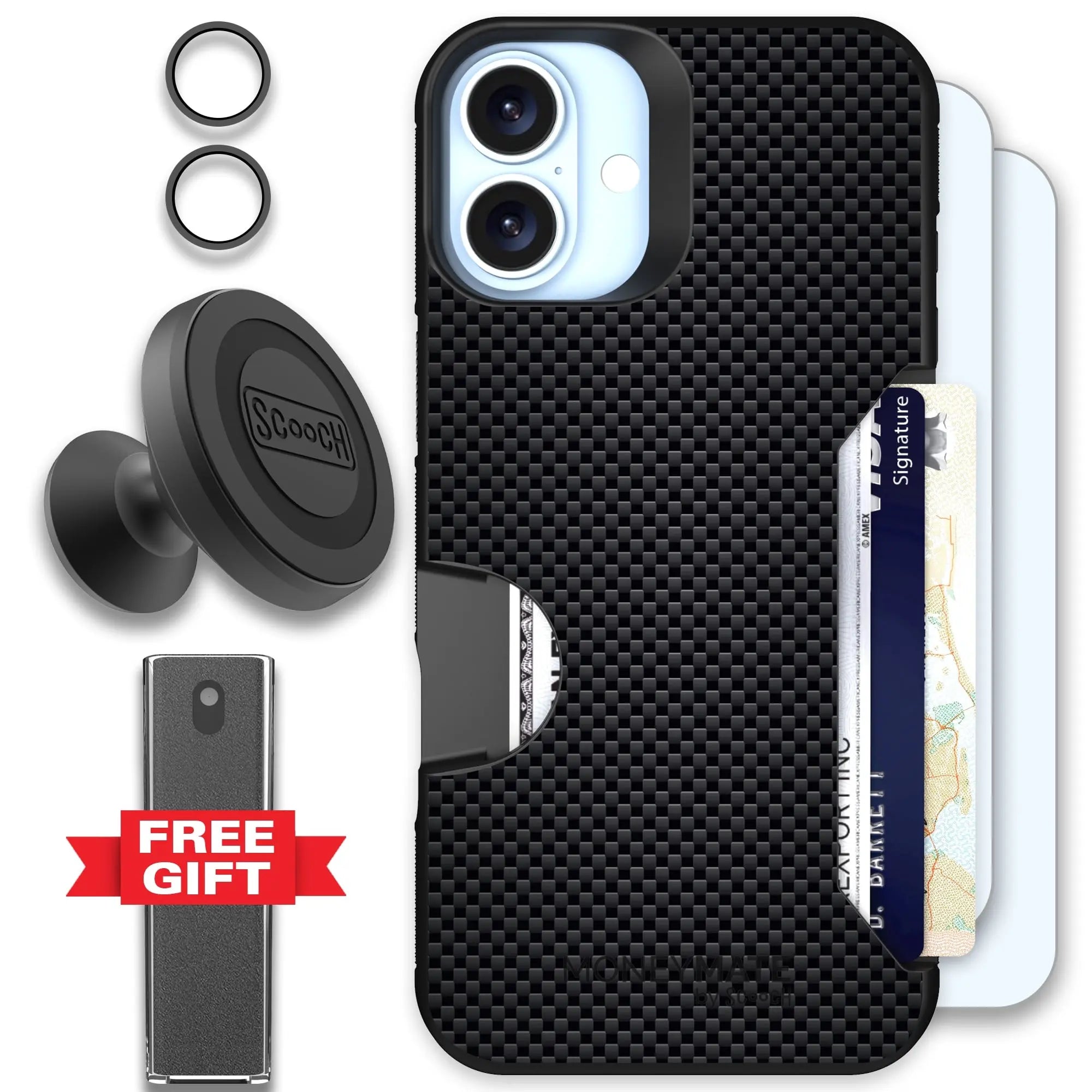 Scooch-Moneymate Defender Bundle for iPhone 16 Plus-Carbon-Fiber