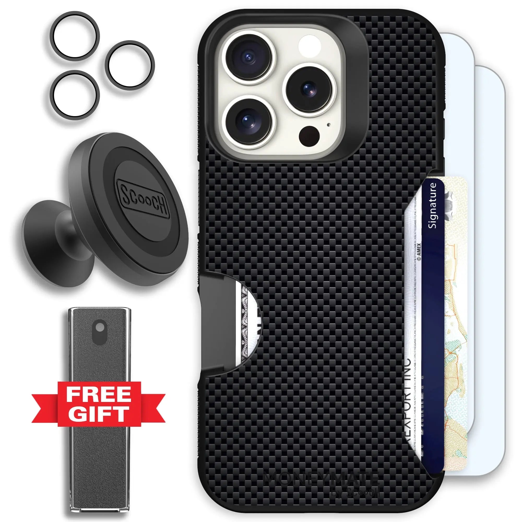 Scooch-Moneymate Defender Bundle for iPhone 16 Pro-Carbon-Fiber