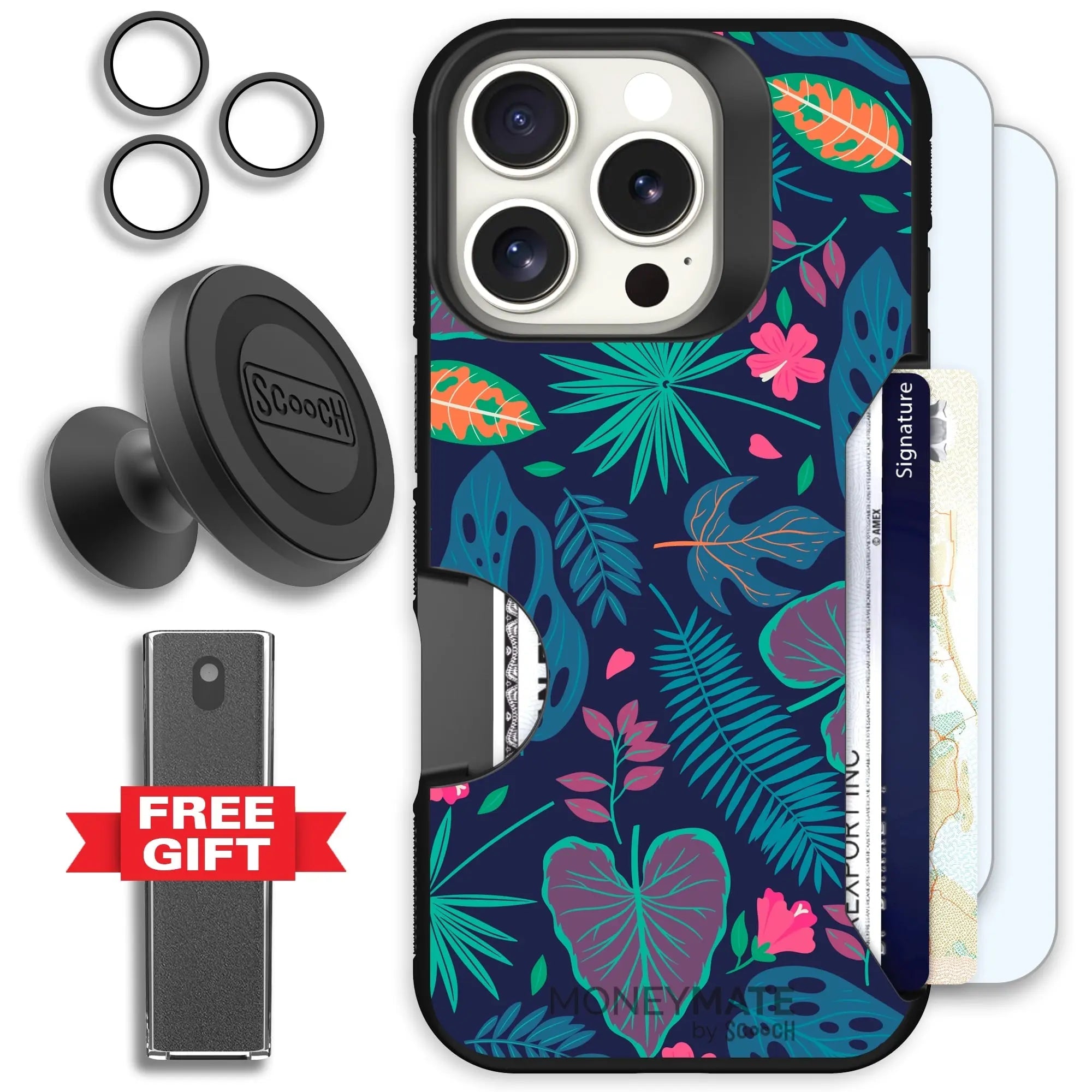 Scooch-Moneymate Defender Bundle for iPhone 16 Pro-Tropical-Leaves