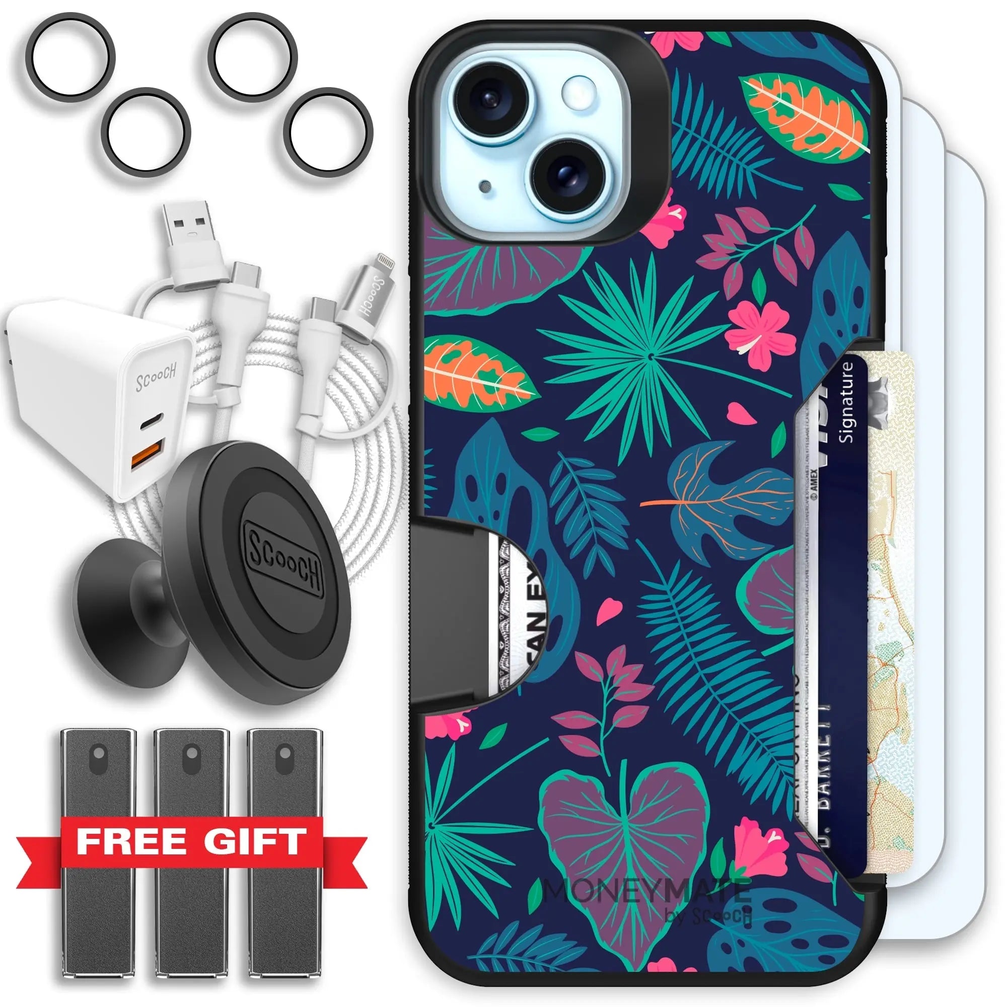 Scooch-Moneymate Ultimate Bundle for iPhone 14 Plus-Tropical-Leaves