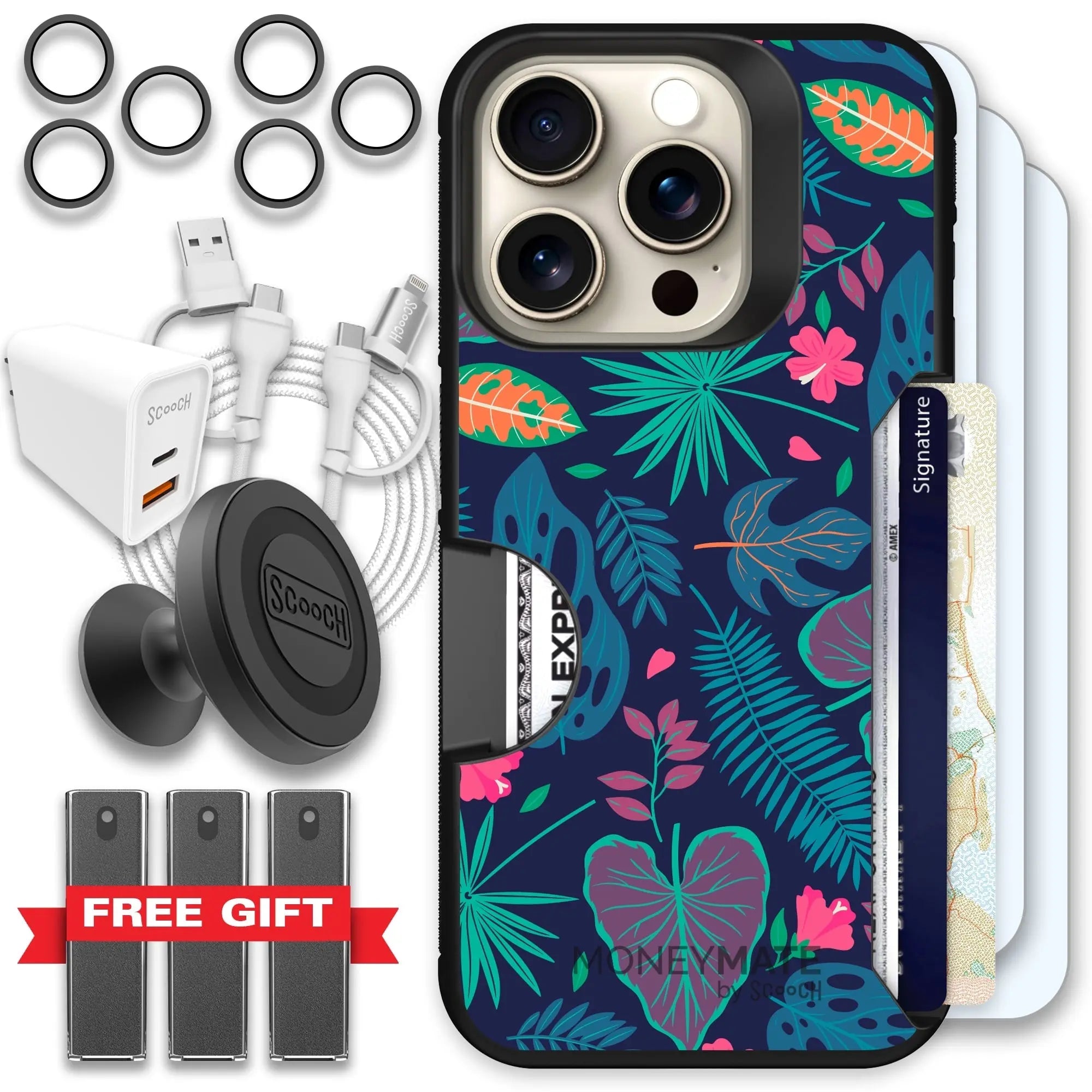 Scooch-Moneymate Ultimate Bundle for iPhone 15 Pro-Tropical-Leaves