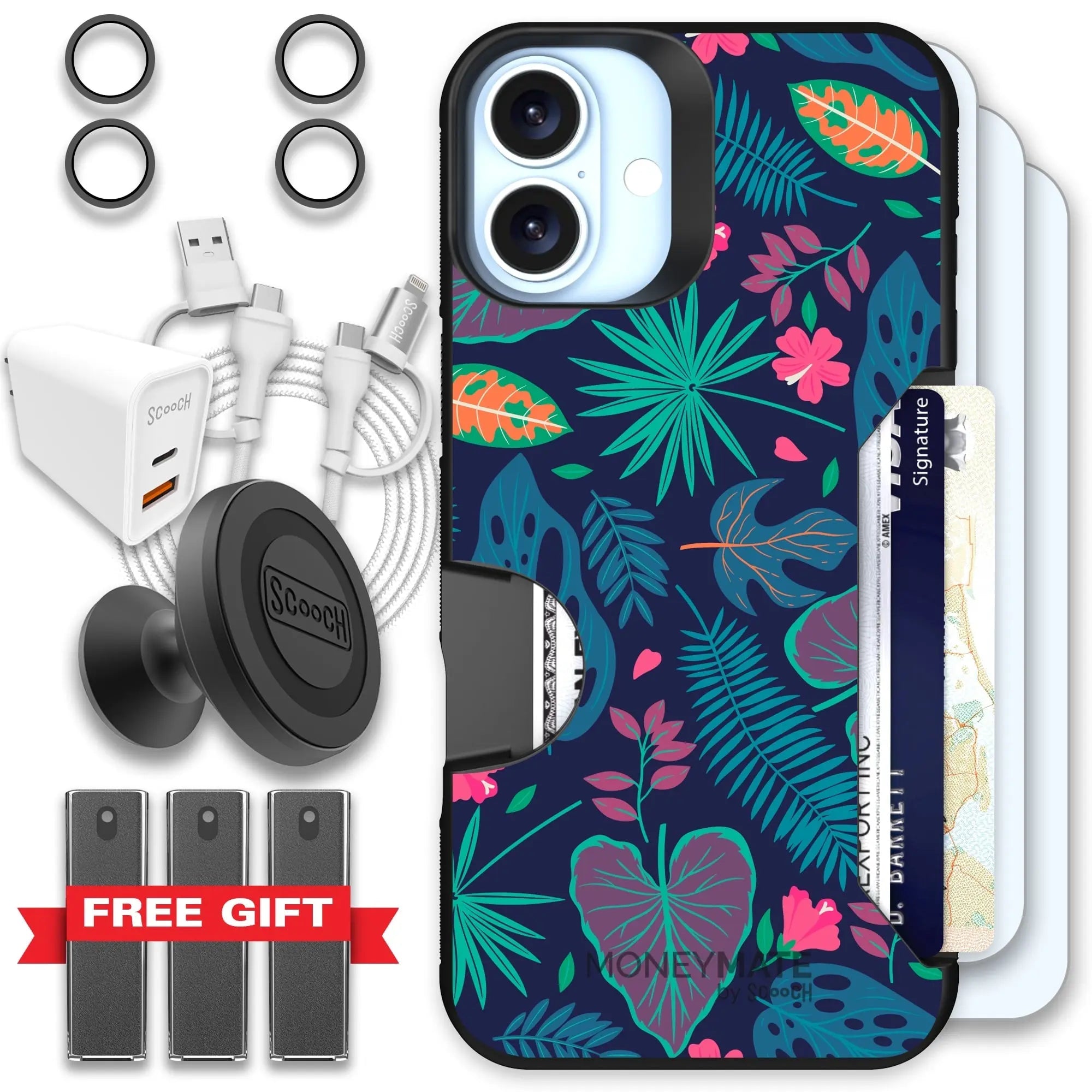 Scooch-Moneymate Ultimate Bundle for iPhone 16 Plus-Tropical-Leaves