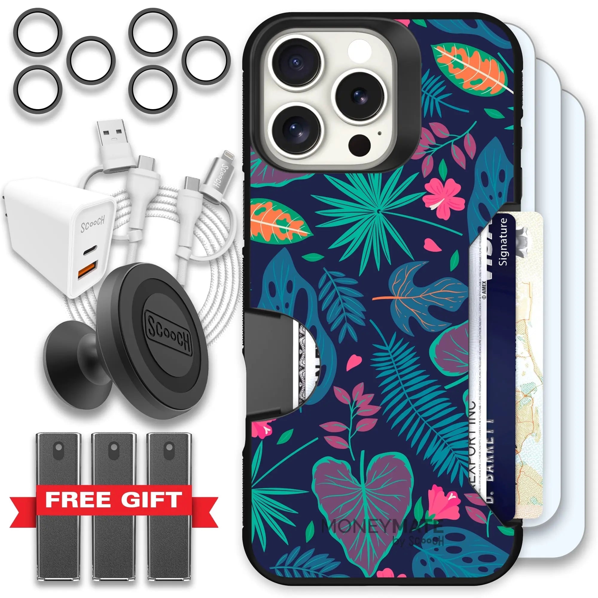 Scooch-Moneymate Ultimate Bundle for iPhone 16 Pro Max-Tropical-Leaves