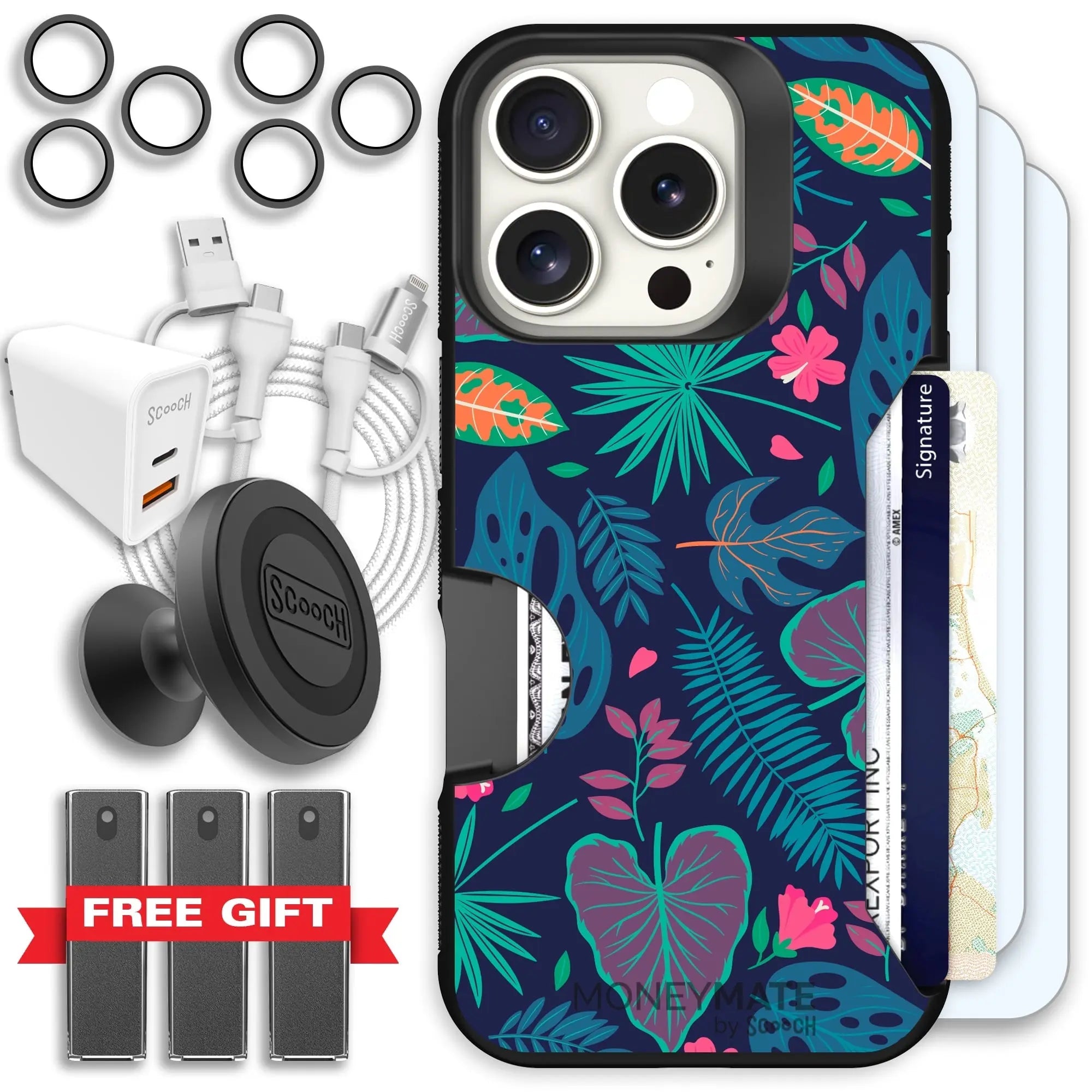 Scooch-Moneymate Ultimate Bundle for iPhone 16 Pro-Tropical-Leaves