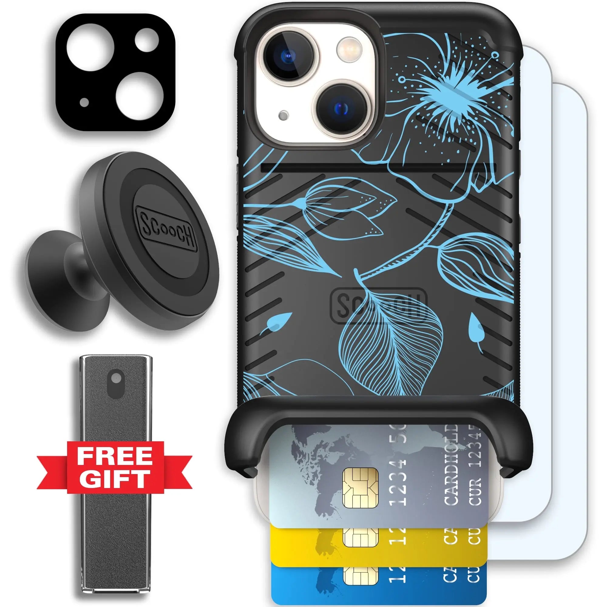 Scooch-Wingmate Defender Bundle for iPhone 13 Mini-Blue-Hibiscus