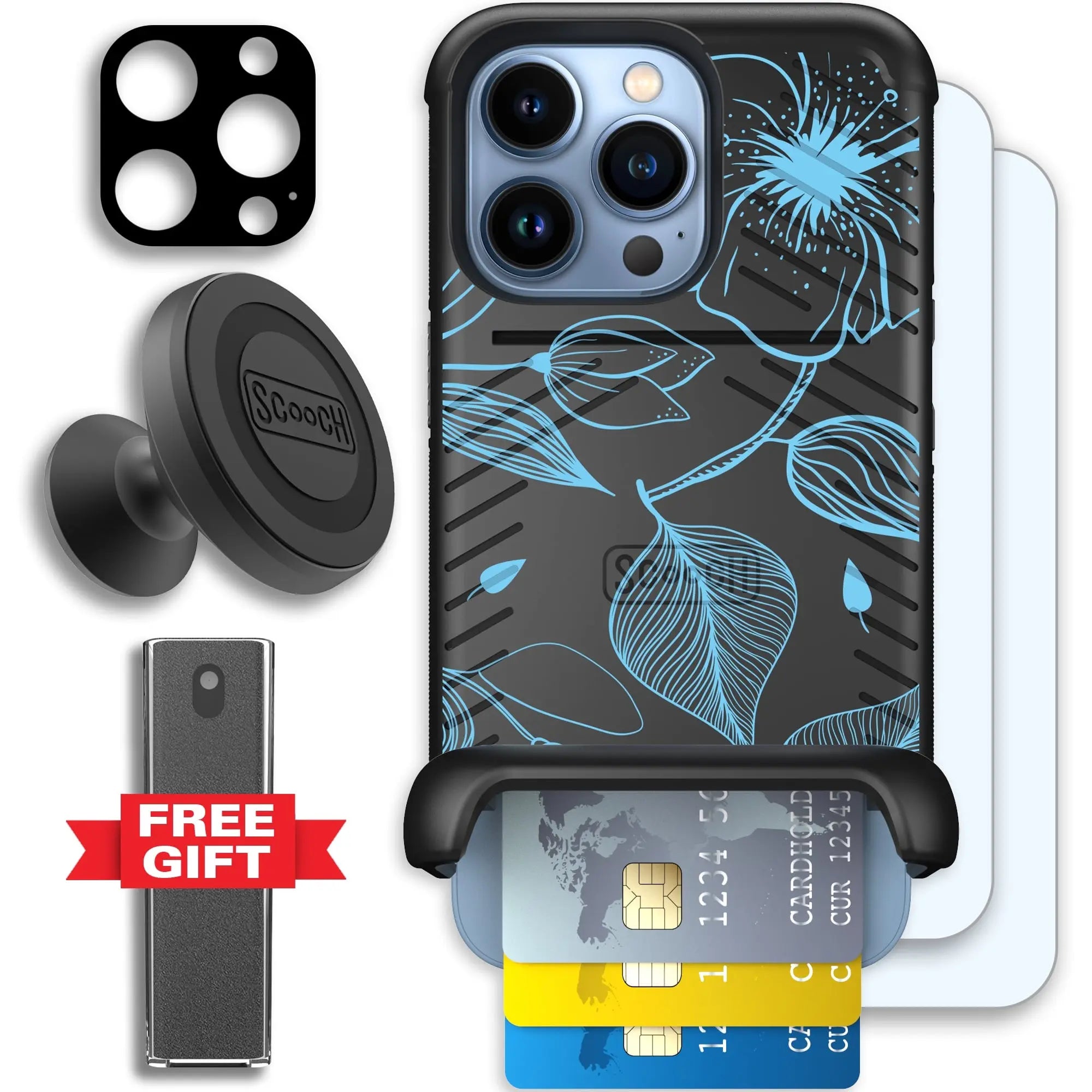 Scooch-Wingmate Defender Bundle for iPhone 13 Pro-Blue-Hibiscus