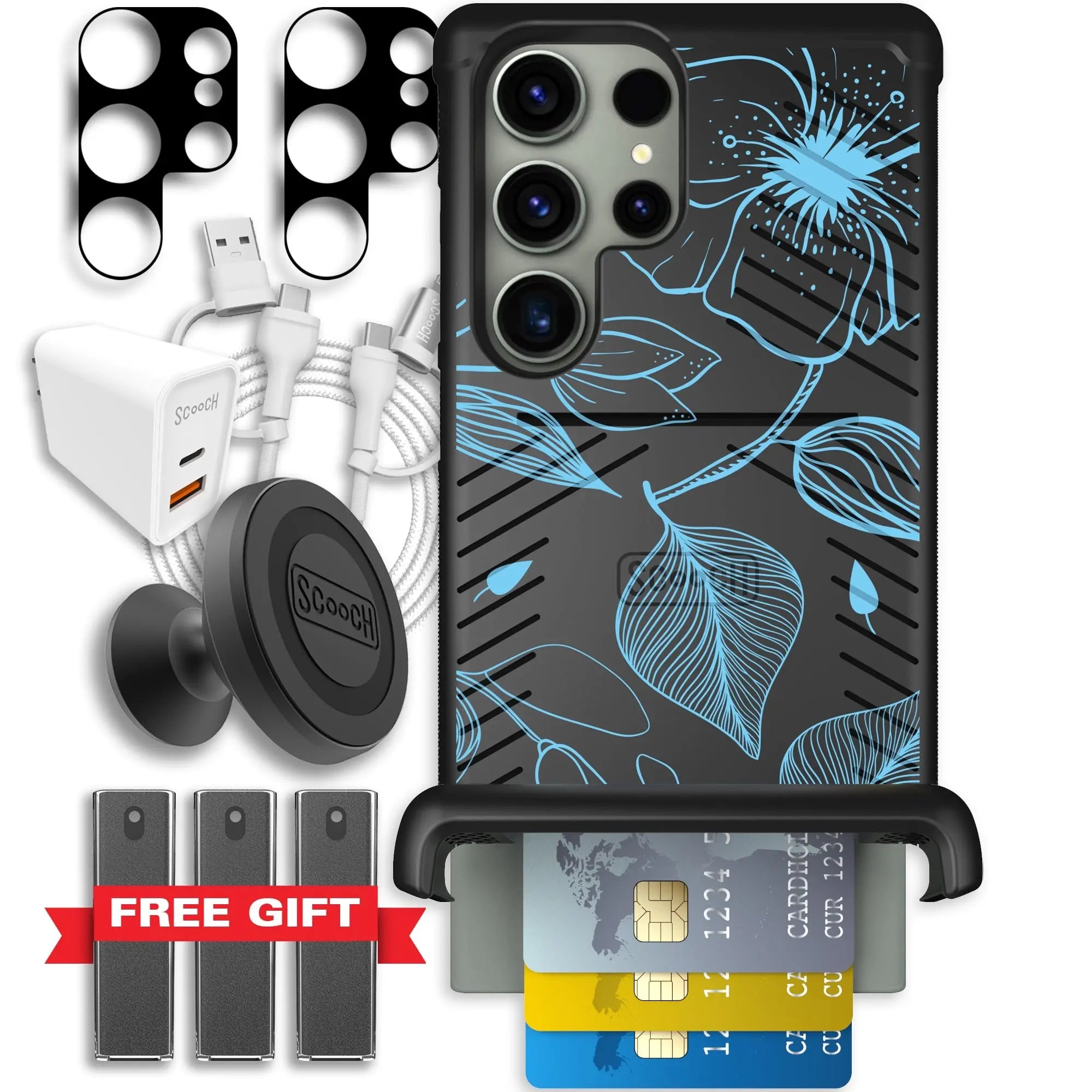 Scooch-Wingmate Ultimate Bundle for Samsung Galaxy S23 Ultra-Blue-Hibiscus