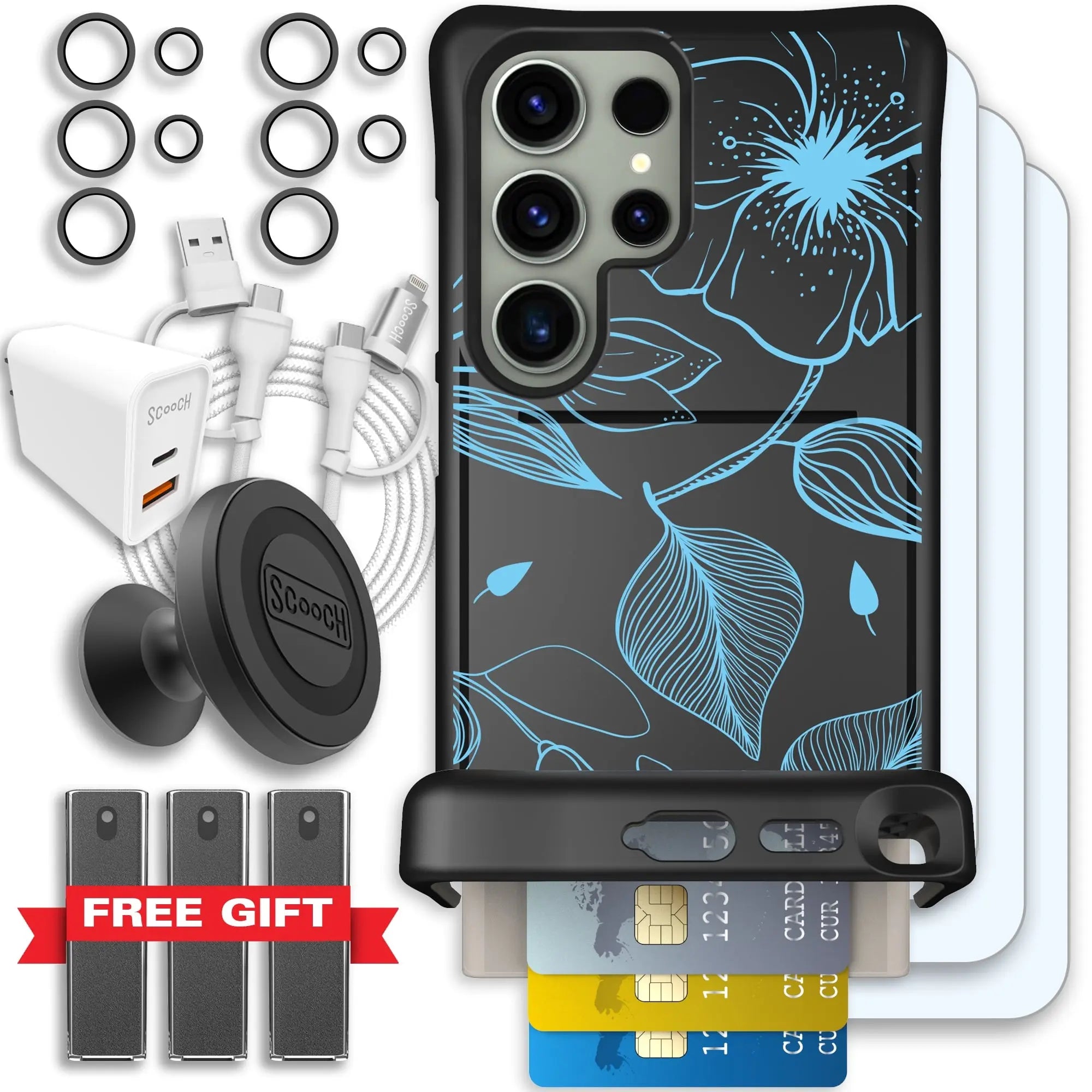 Scooch-Wingmate Ultimate Bundle for Samsung Galaxy S24 Ultra-Blue-Hibiscus