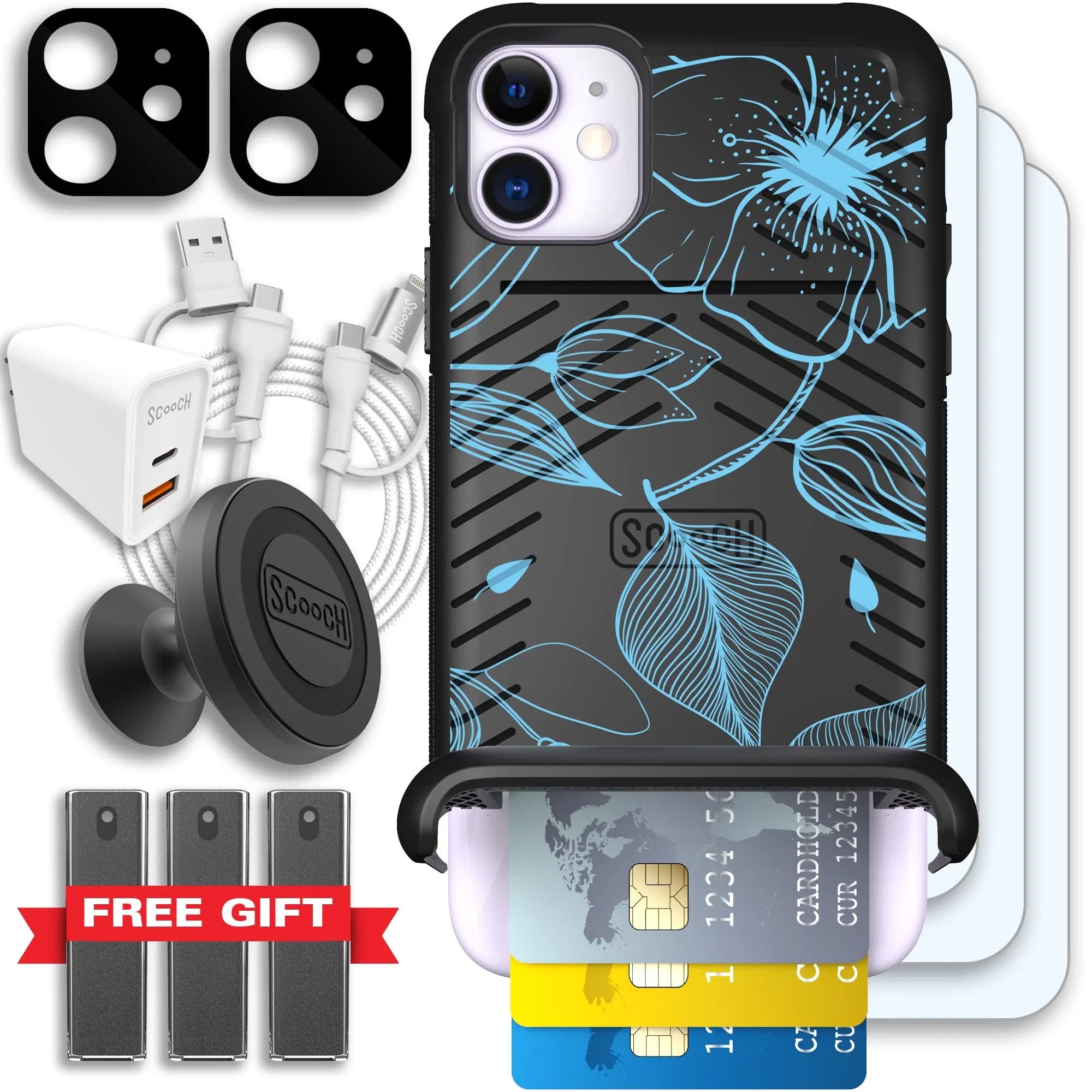 Scooch-Wingmate Ultimate Bundle for iPhone 11-Blue-Hibiscus
