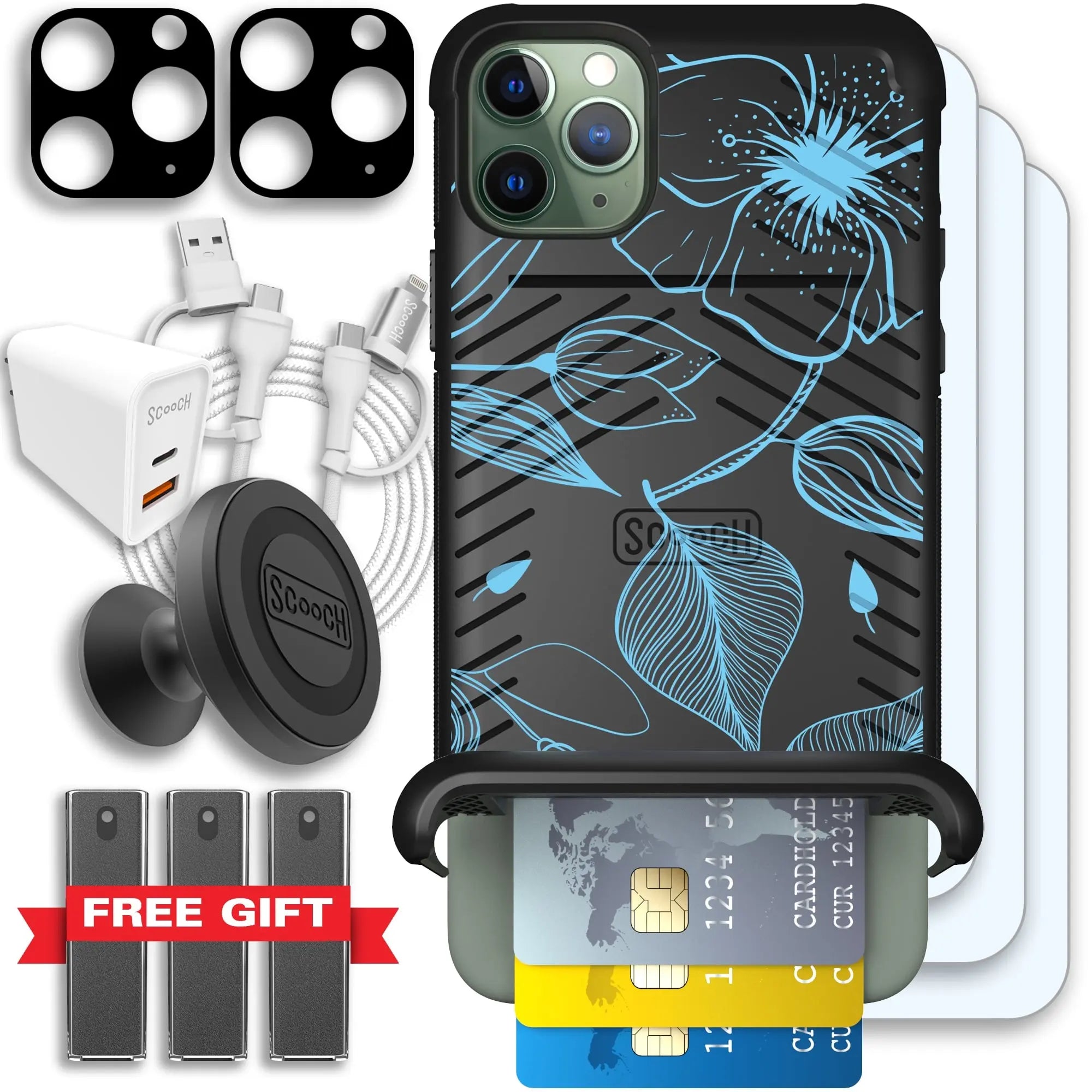 Scooch-Wingmate Ultimate Bundle for iPhone 11 Pro Max-Blue-Hibiscus