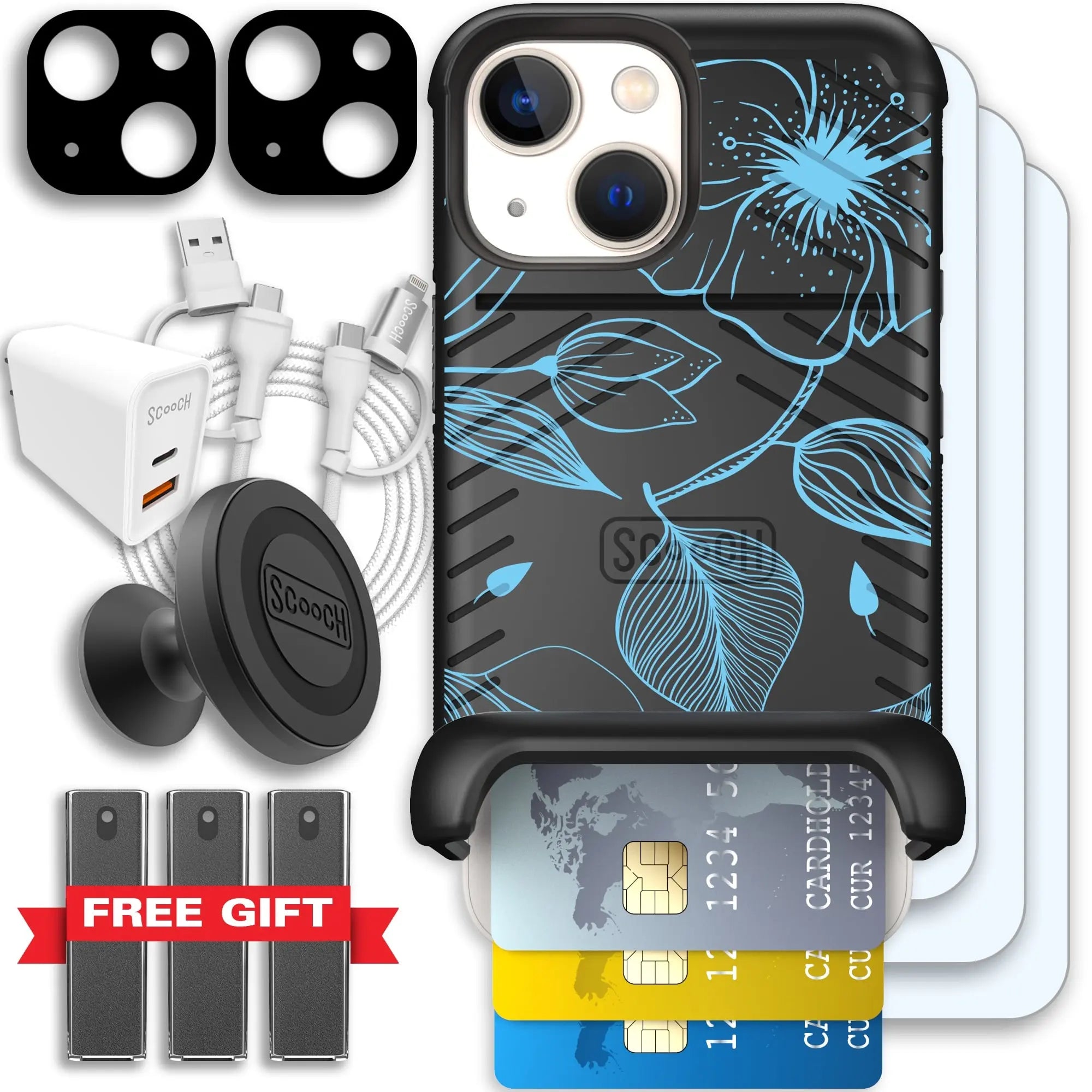 Scooch-Wingmate Ultimate Bundle for iPhone 13 Mini-Blue-Hibiscus