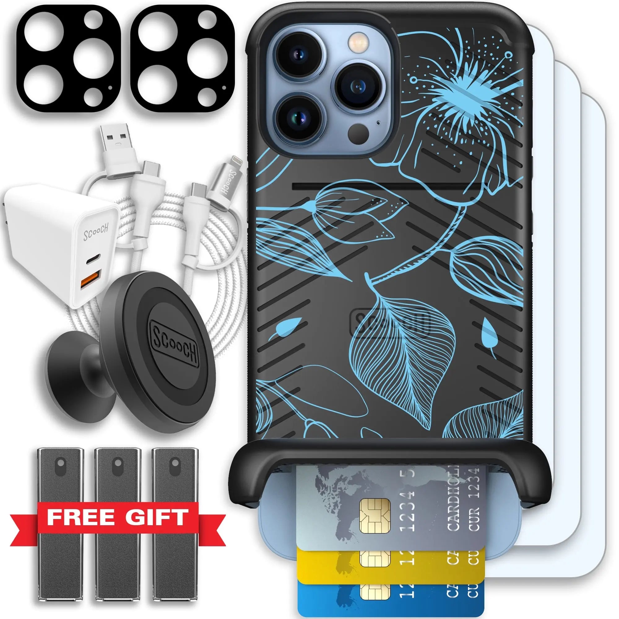 Scooch-Wingmate Ultimate Bundle for iPhone 13 Pro Max-Blue-Hibiscus
