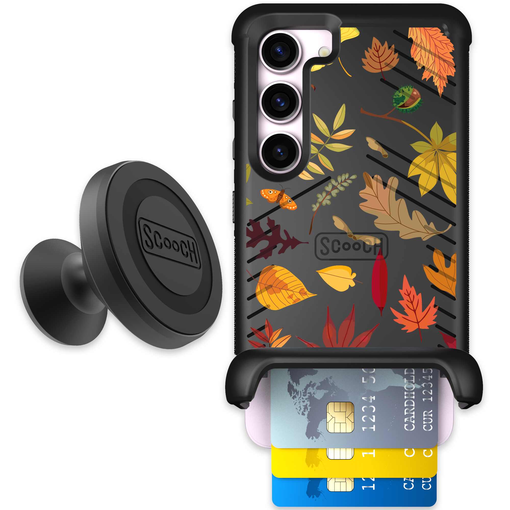 Autumn Leaves multicolored fall foliage pattern on a charcoal Scooch Wingmate case for Galaxy S23 - Starter Bundle