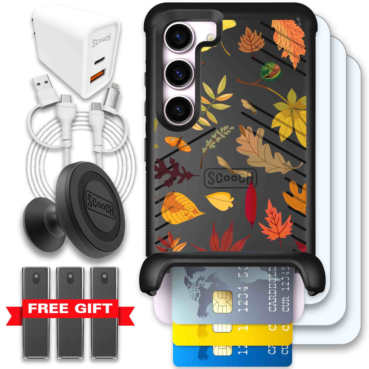 Autumn Leaves multicolored fall foliage pattern on a charcoal Scooch Wingmate case for Galaxy S23 - Ultimate Bundle