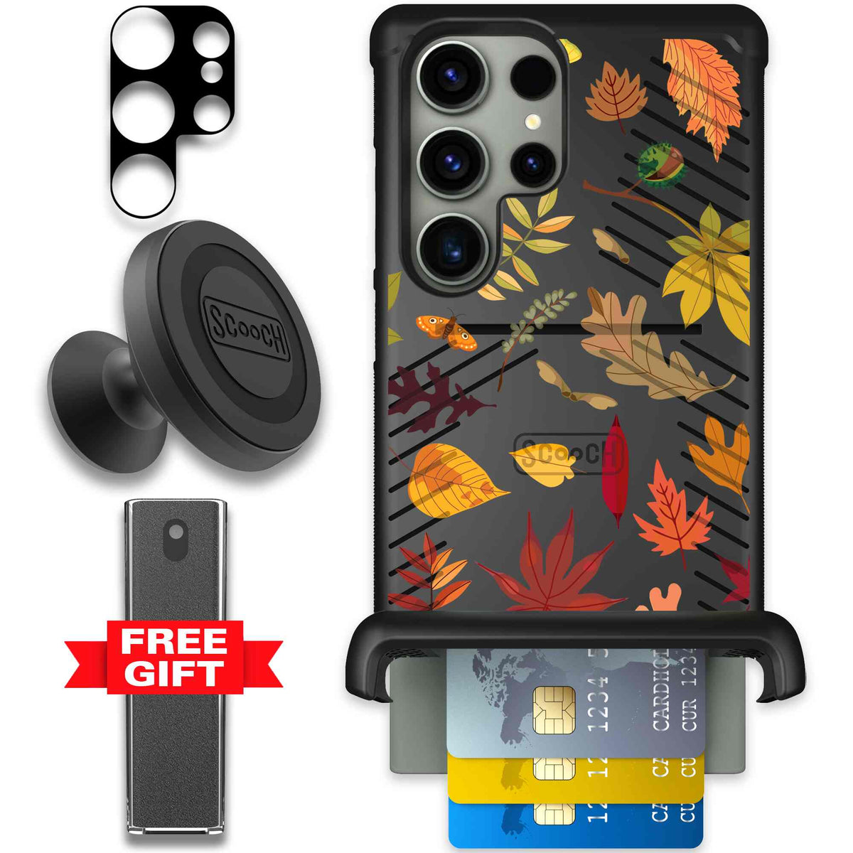 Autumn Leaves multicolored fall foliage pattern on a charcoal Scooch Wingmate case for Galaxy S23 Ultra - Defender Bundle