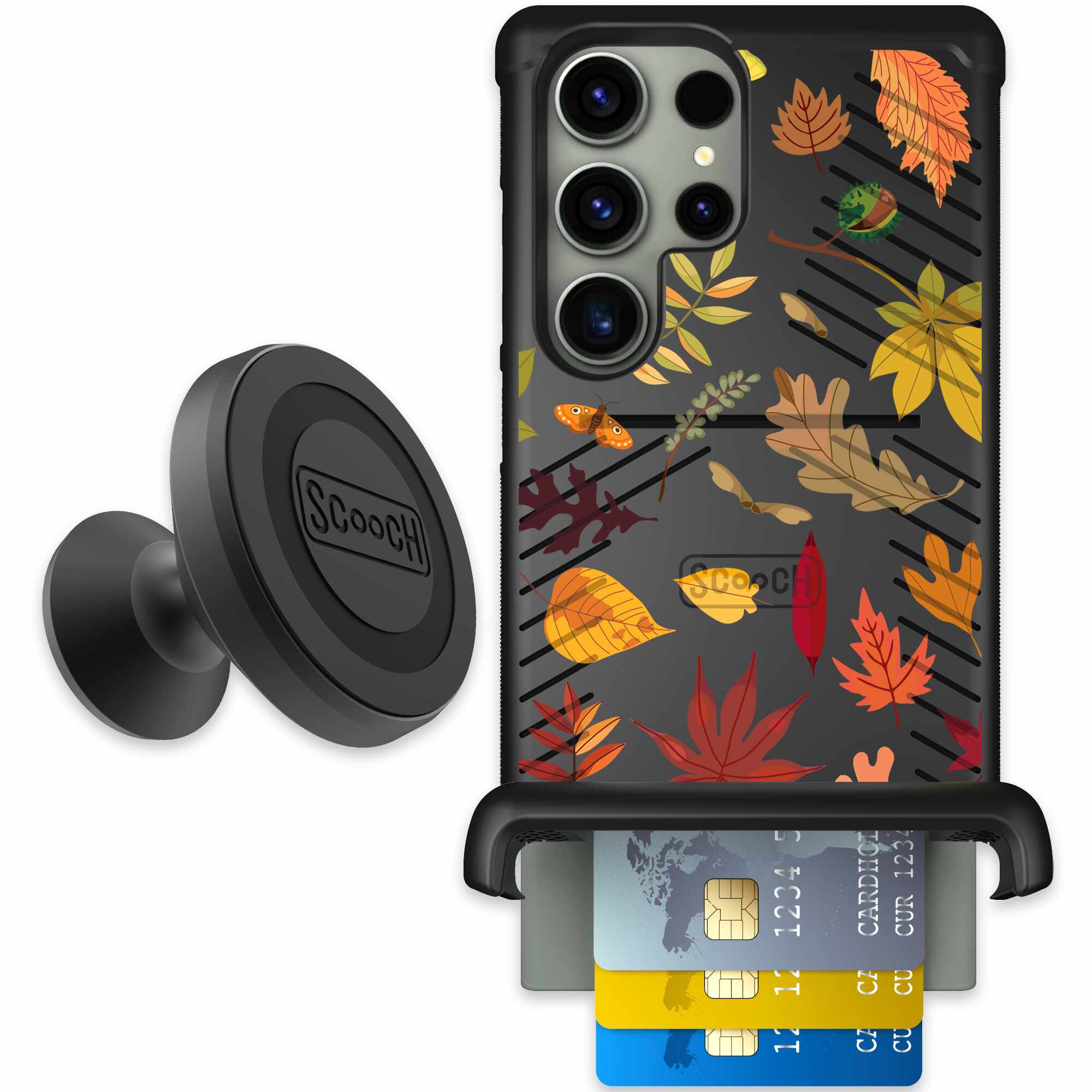 Autumn Leaves multicolored fall foliage pattern on a charcoal Scooch Wingmate case for Galaxy S23 Ultra - Starter Bundle
