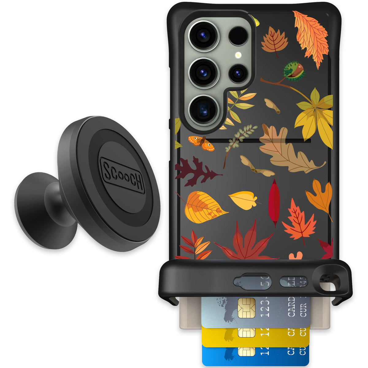 Autumn Leaves multicolored fall foliage pattern on a charcoal Scooch Wingmate case for Galaxy S24 Ultra - Starter Bundle