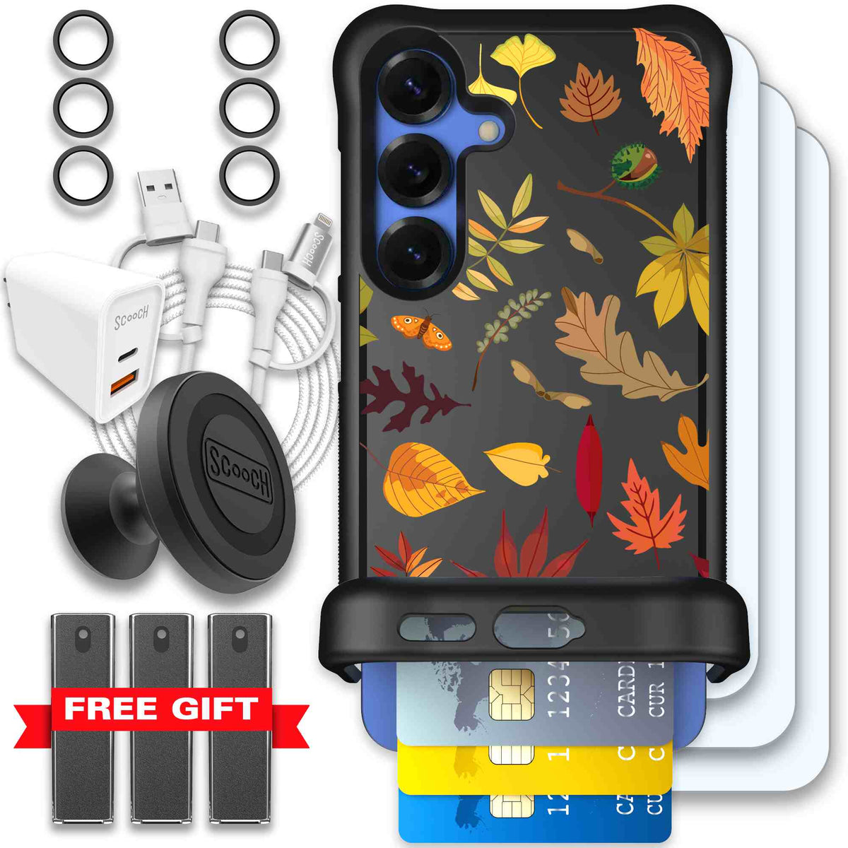 Autumn Leaves multicolored fall foliage pattern on a charcoal Scooch Wingmate case for Galaxy S25 - Ultimate Bundle