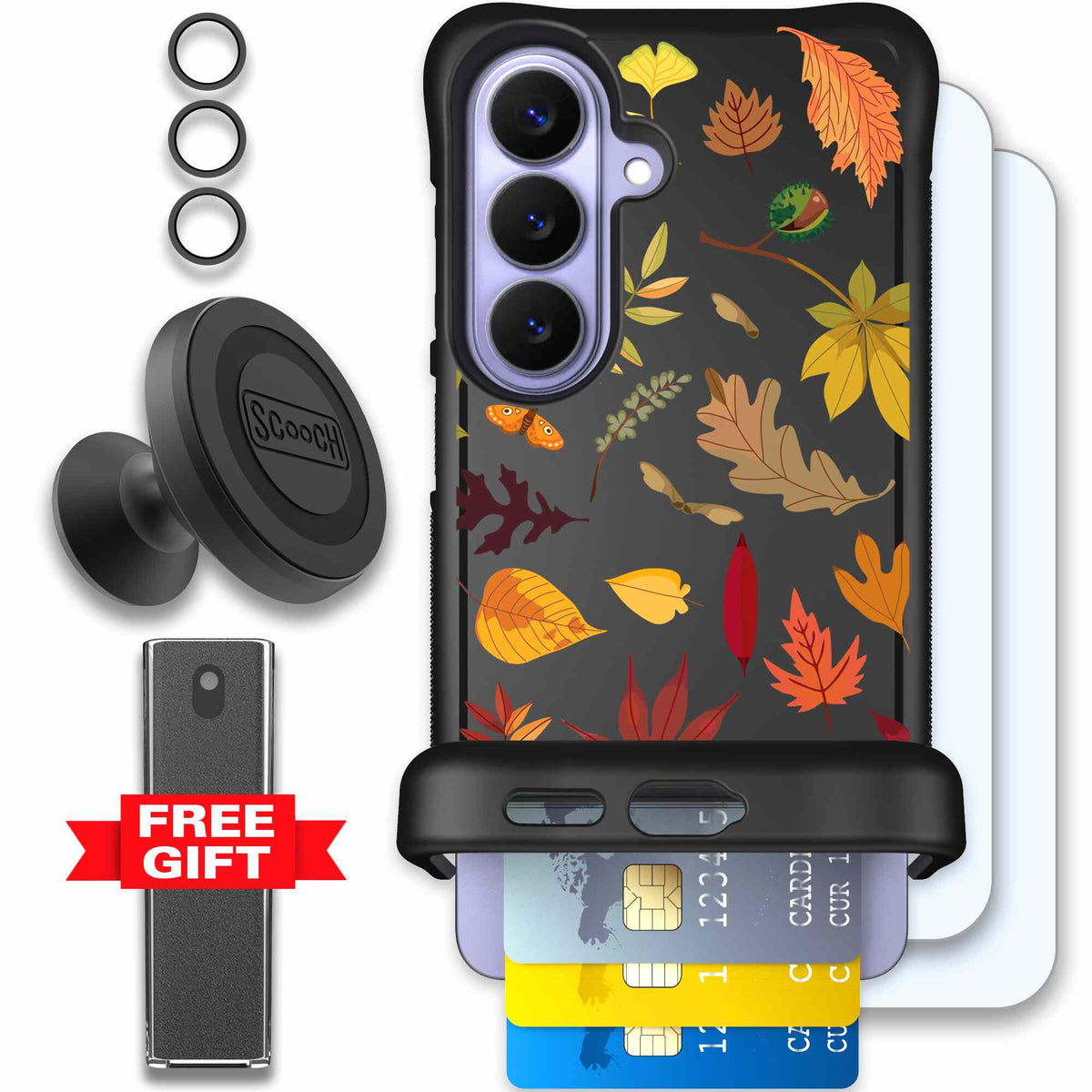 Autumn Leaves multicolored fall foliage pattern on a charcoal Scooch Wingmate case for Galaxy S26 - Defender Bundle