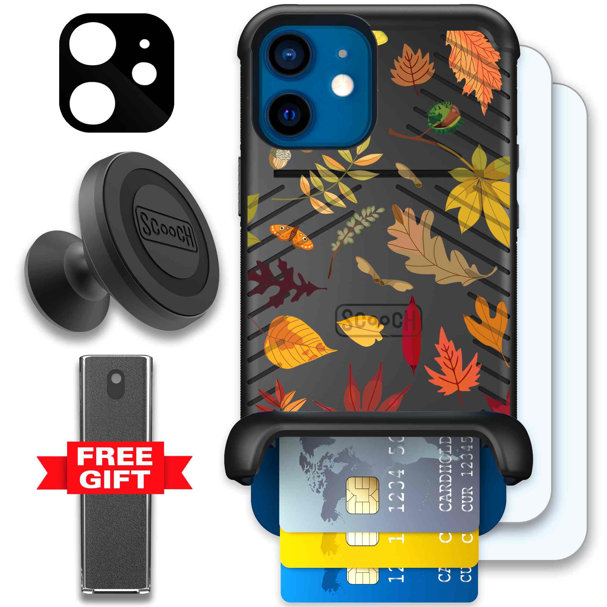 Autumn Leaves multicolored fall foliage pattern on a charcoal Scooch Wingmate case for iPhone 12 - Defender Bundle