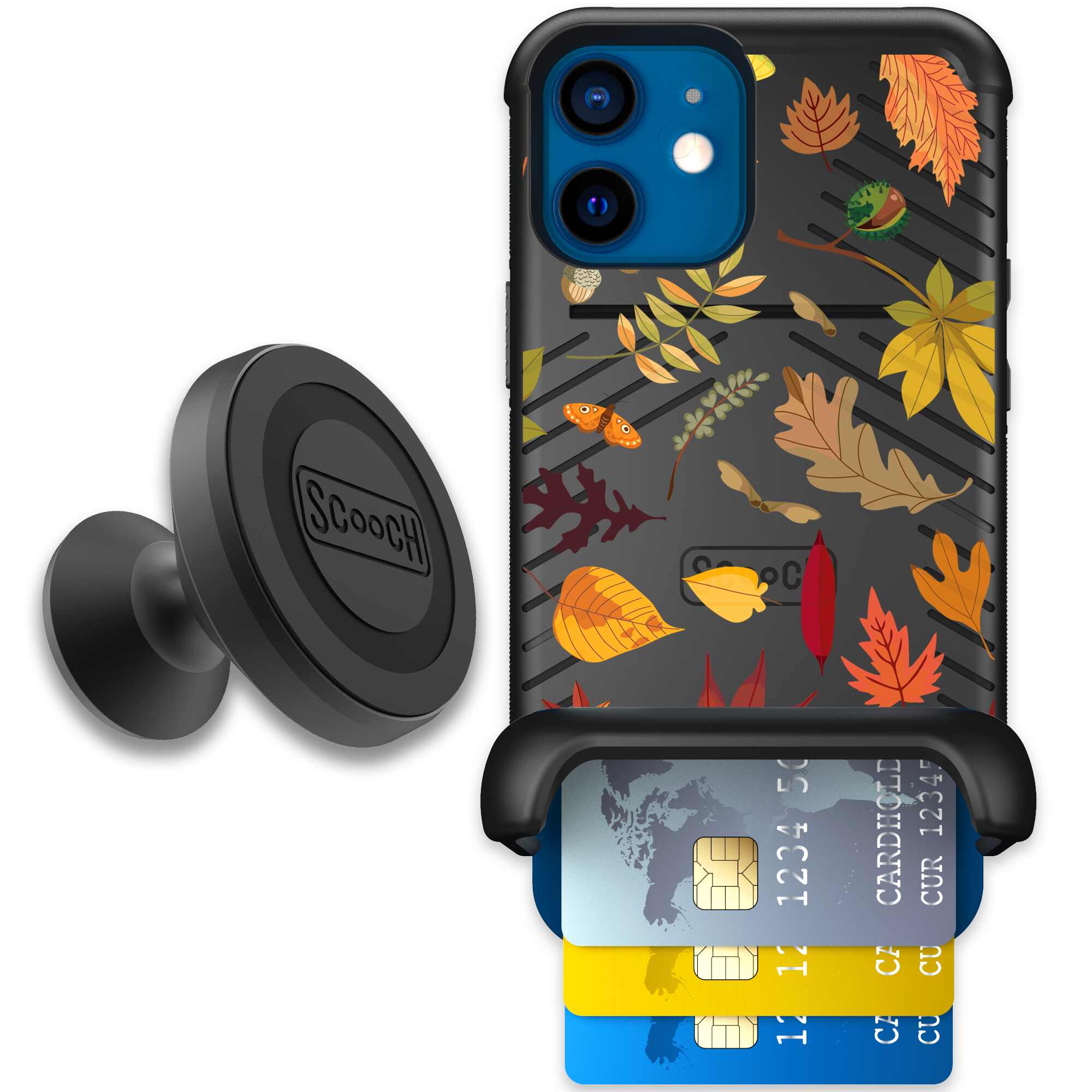 Autumn Leaves multicolored fall foliage pattern on a charcoal Scooch Wingmate case for iPhone 12 mini - Starter Bundle