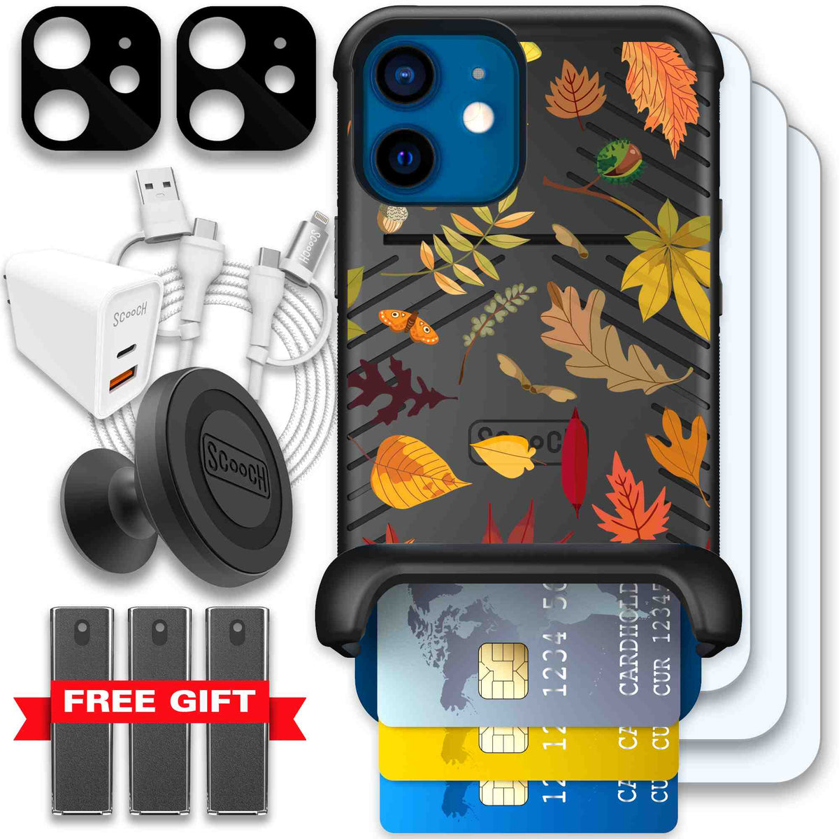 Autumn Leaves multicolored fall foliage pattern on a charcoal Scooch Wingmate case for iPhone 12 mini - Ultimate Bundle