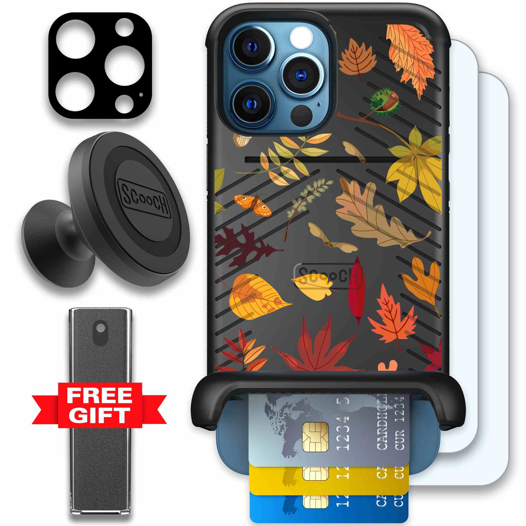 Autumn Leaves multicolored fall foliage pattern on a charcoal Scooch Wingmate case for iPhone 12 Pro Max - Defender Bundle