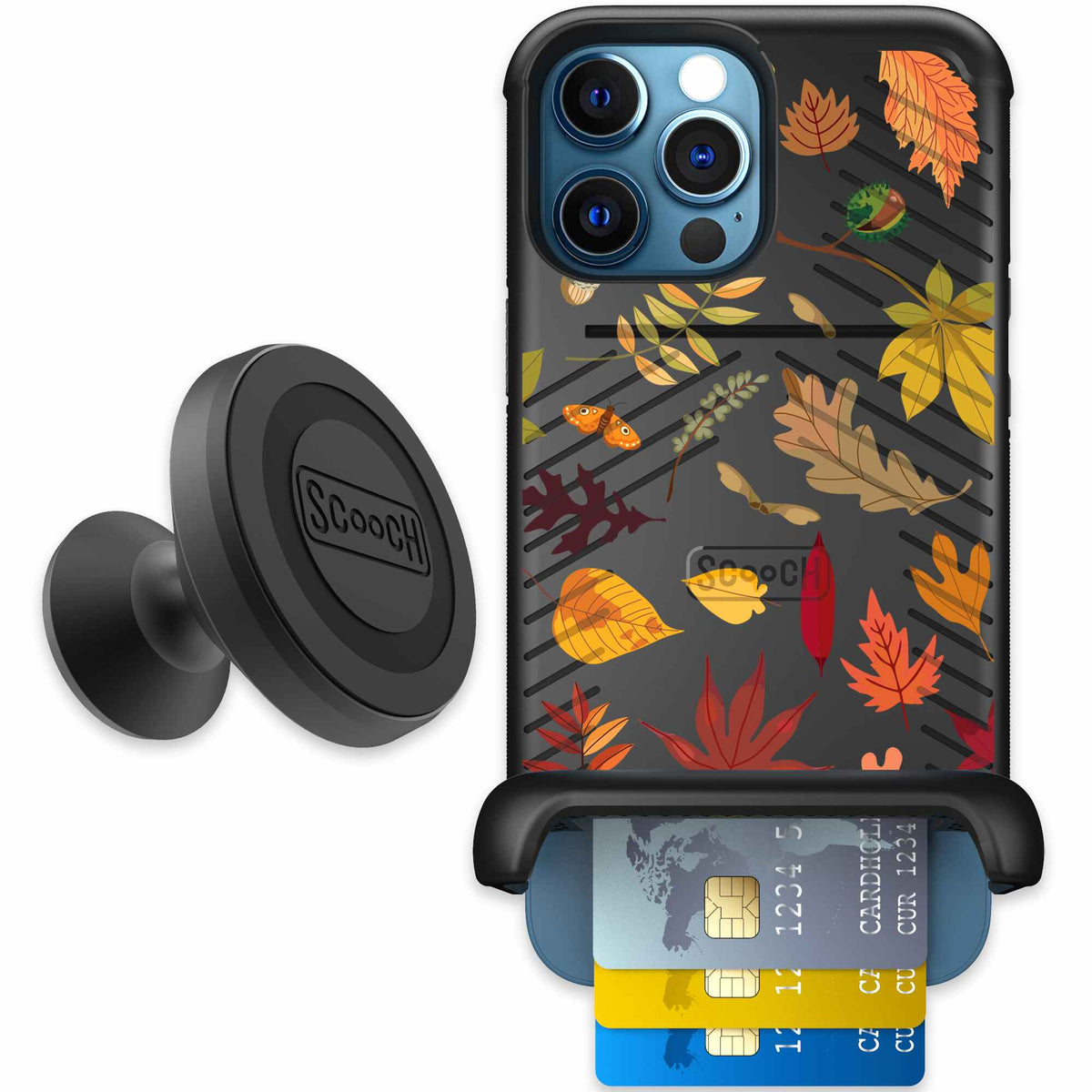Autumn Leaves multicolored fall foliage pattern on a charcoal Scooch Wingmate case for iPhone 12 Pro Max - Starter Bundle