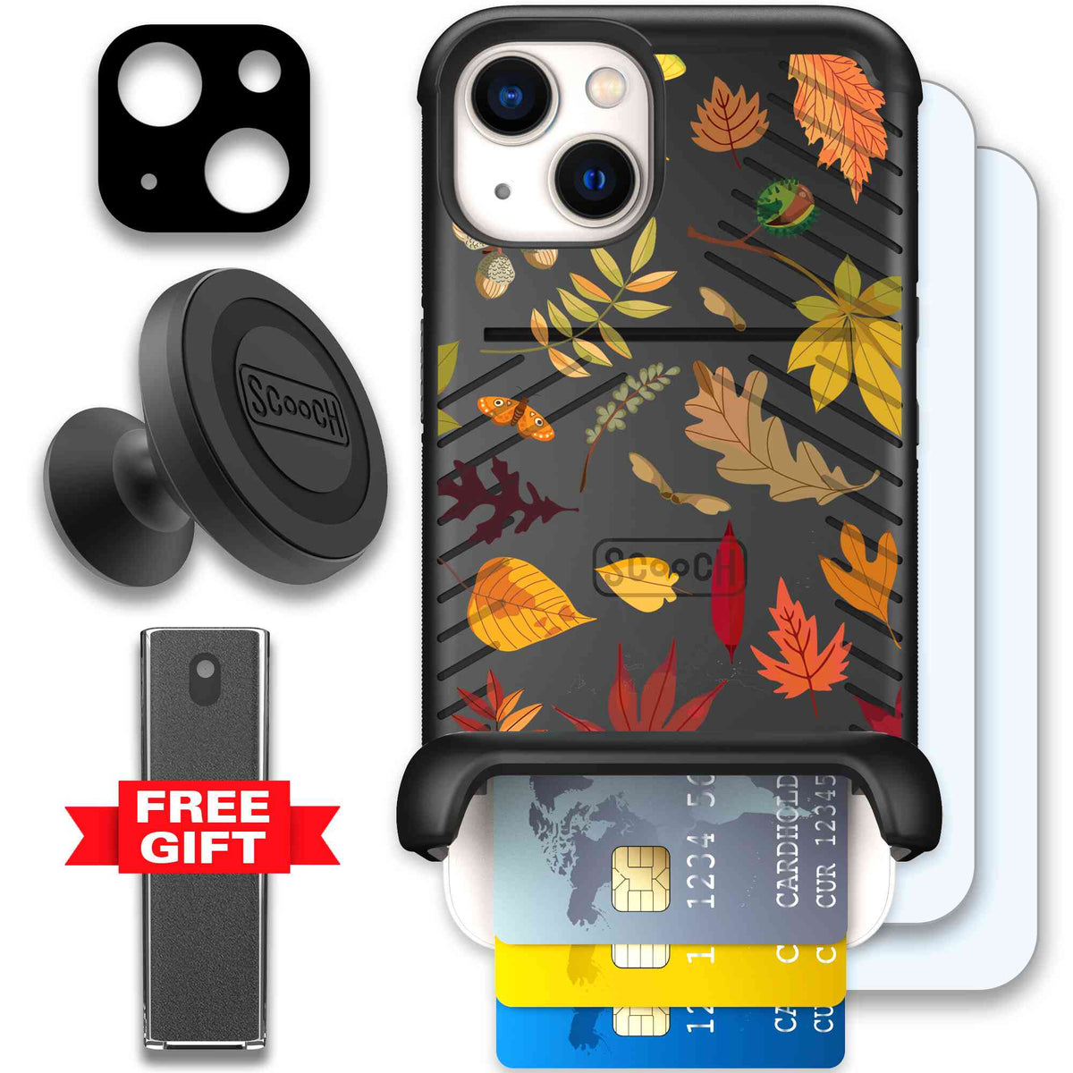 Autumn Leaves multicolored fall foliage pattern on a charcoal Scooch Wingmate case for iPhone 13 - Defender Bundle