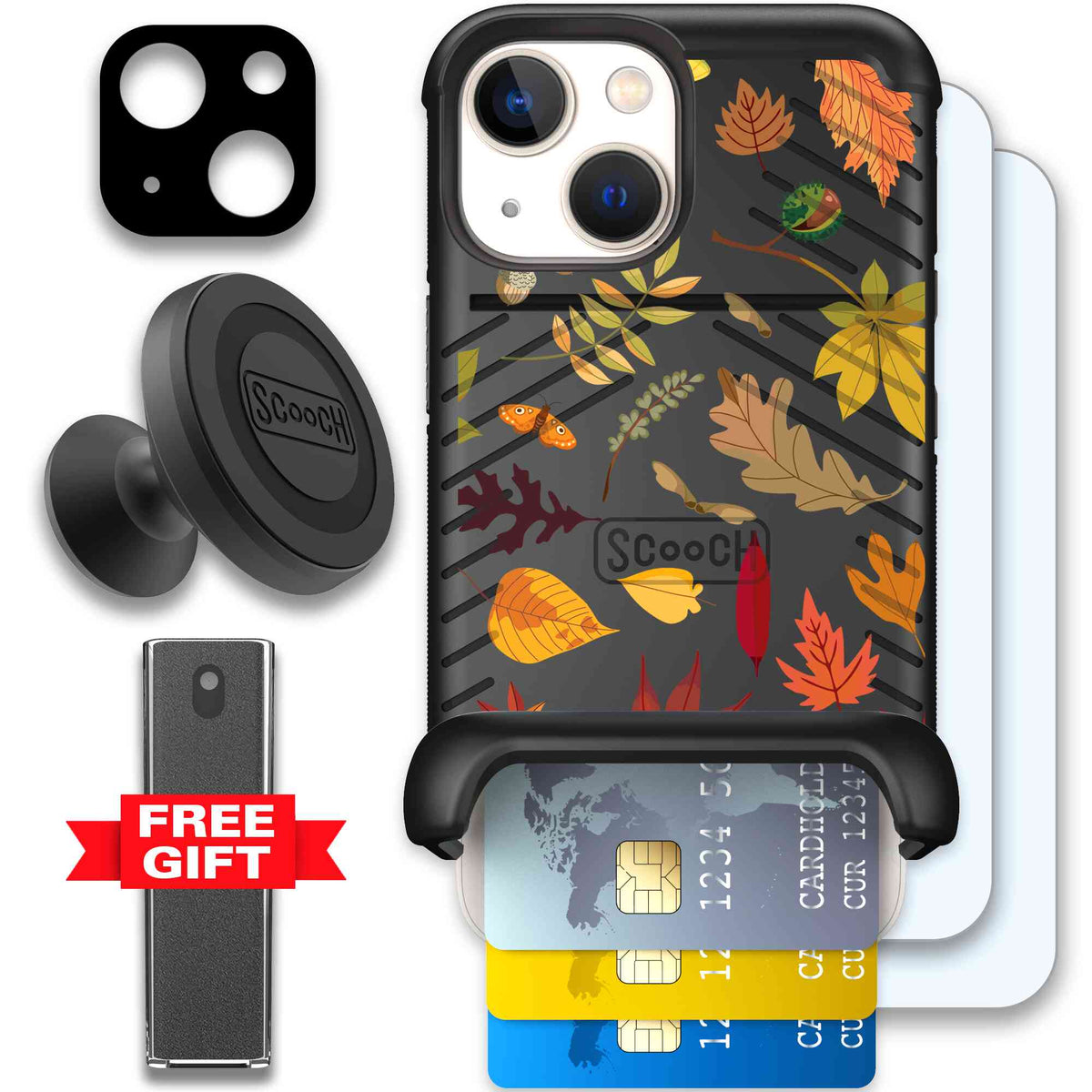 Autumn Leaves multicolored fall foliage pattern on a charcoal Scooch Wingmate case for iPhone 13 mini - Defender Bundle
